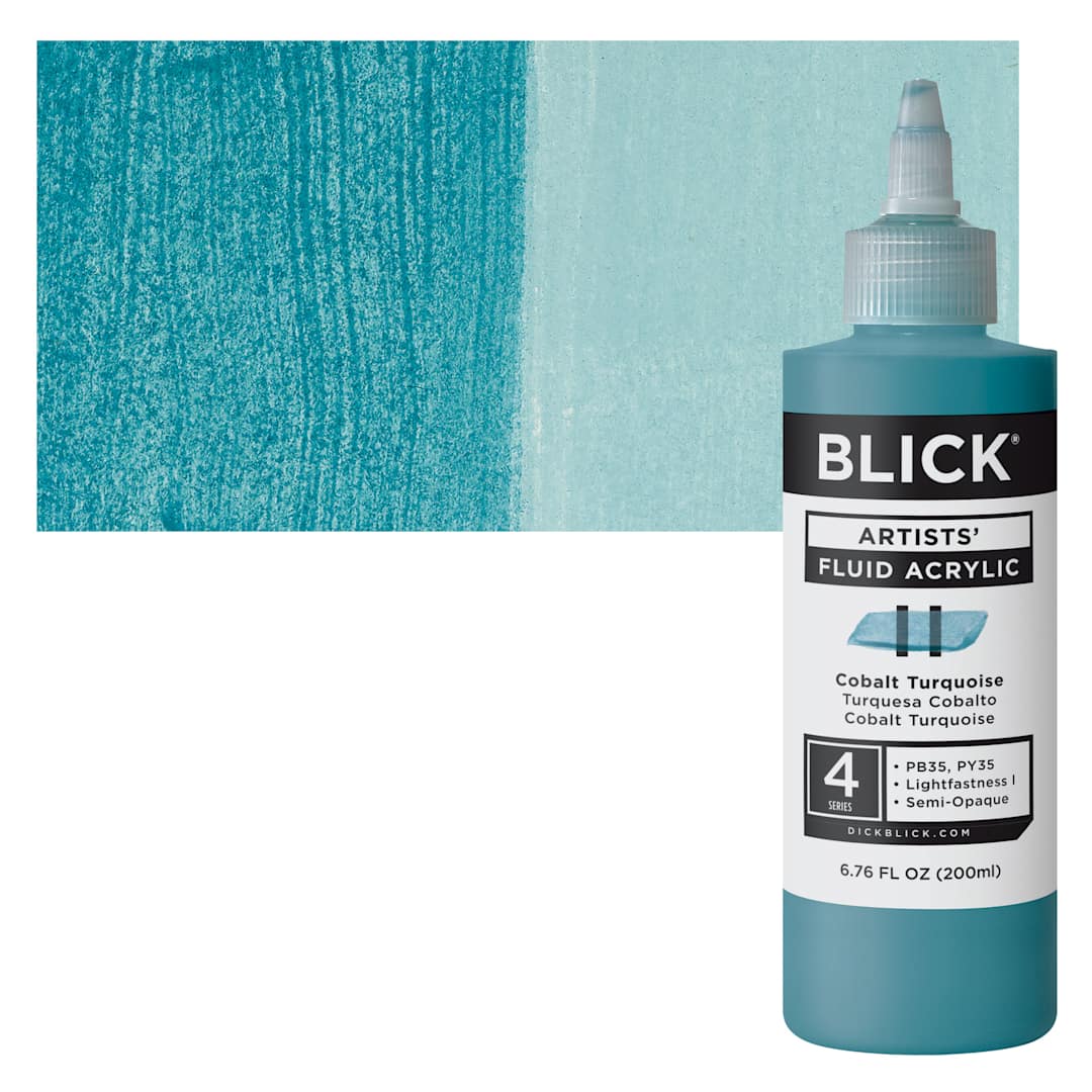 Open in modal - Blick Artists’ Fluid Acrylic - Cobalt Turquoise, 200 ml bottle and swatch