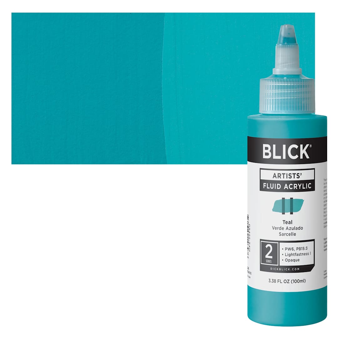 Open in modal - Blick Artists’ Fluid Acrylic - Teal, 100 ml swatch and bottle