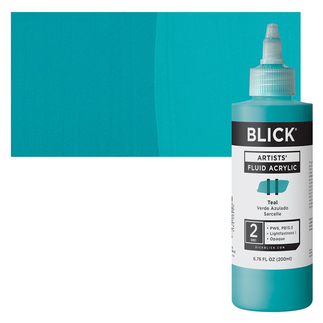 Open in modal - Blick Artists’ Fluid Acrylic - Teal, 200 ml bottle and swatch