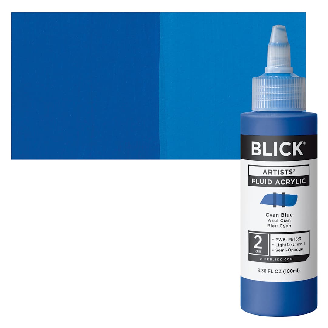 Open in modal - Blick Artists’ Fluid Acrylic - Cyan Blue, 100 ml bottle and swatch