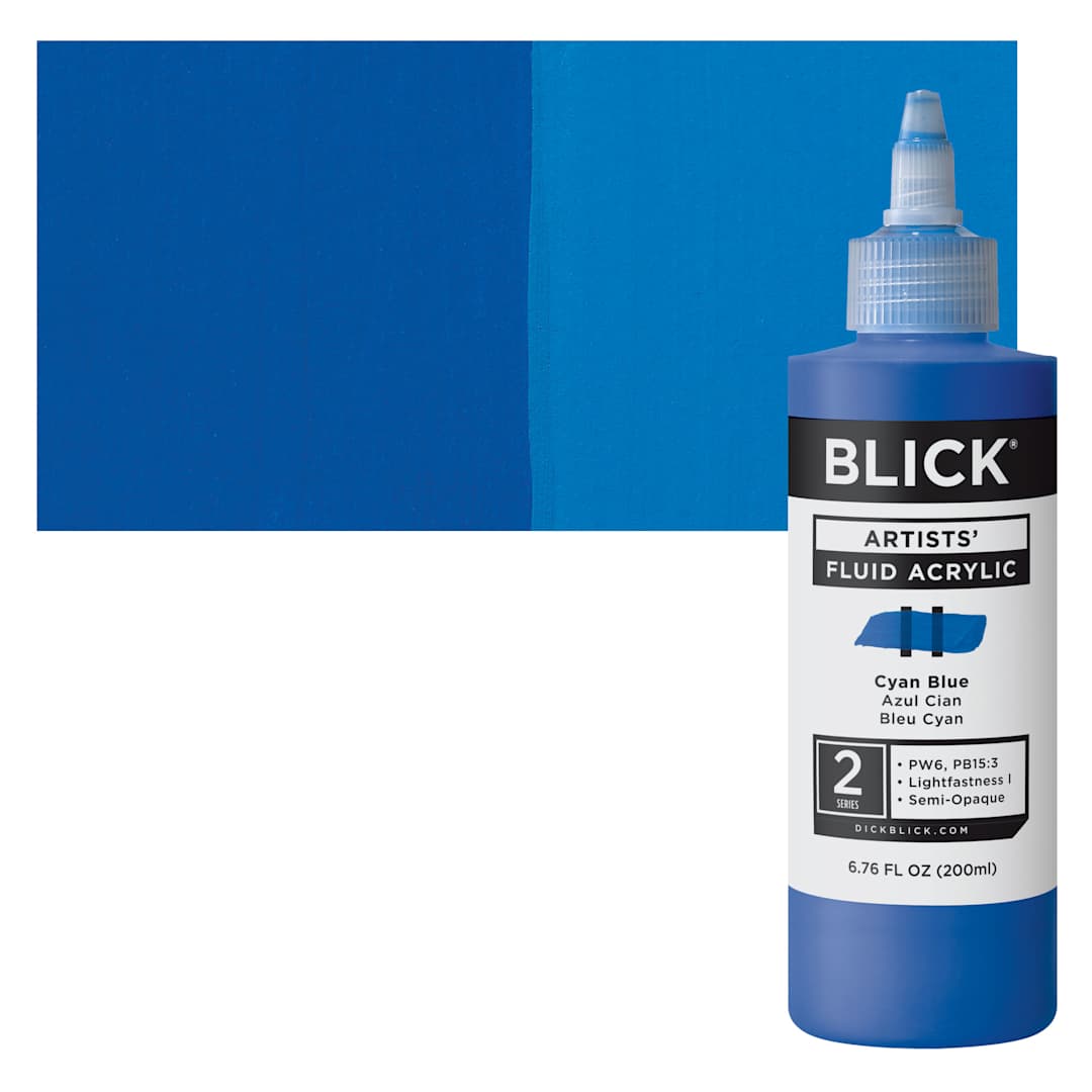 Open in modal - Blick Artists’ Fluid Acrylic - Cyan Blue, 200 ml bottle and swatch