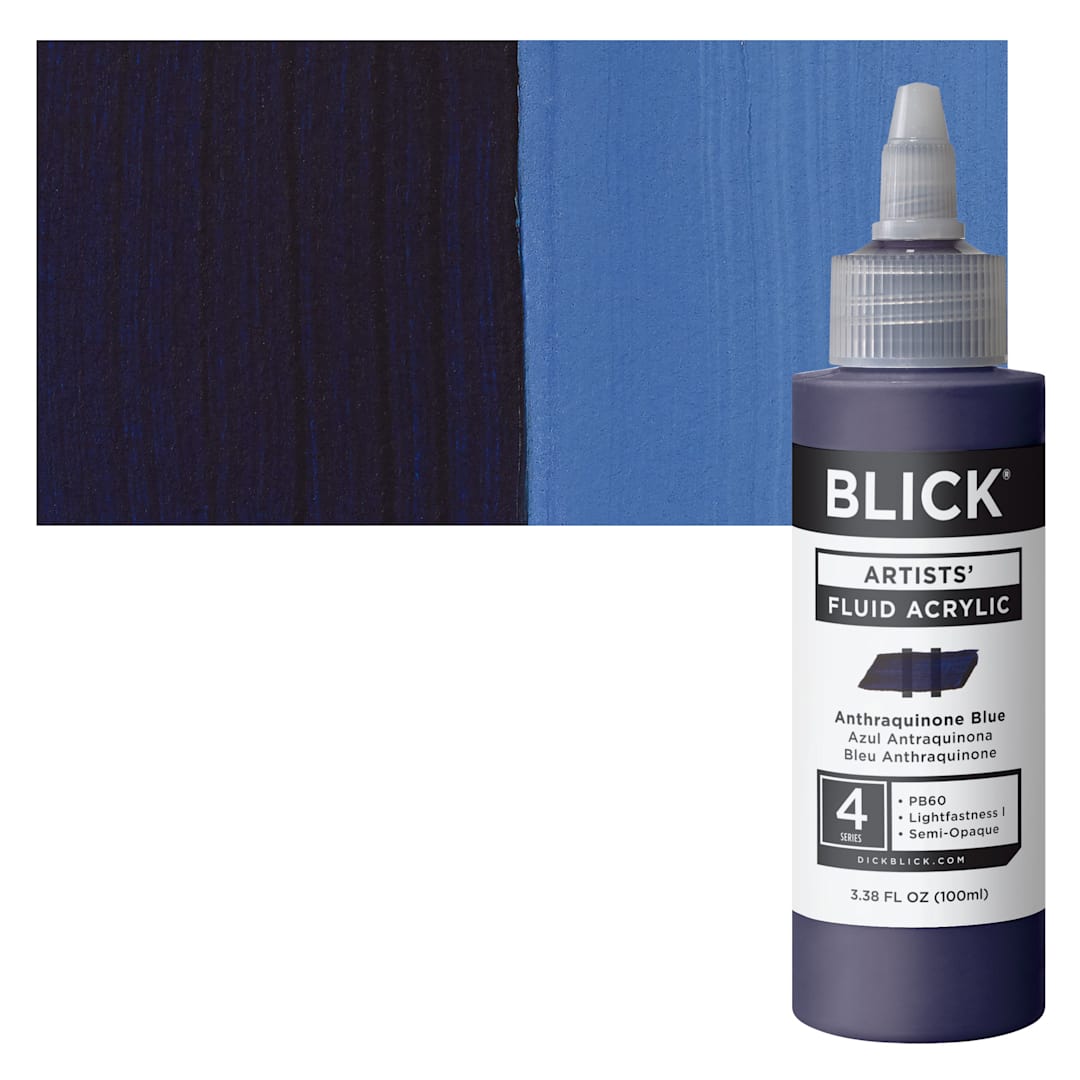 Open in modal - Blick Artists’ Fluid Acrylic - Anthraquinone Blue, 100 ml bottle and swatch