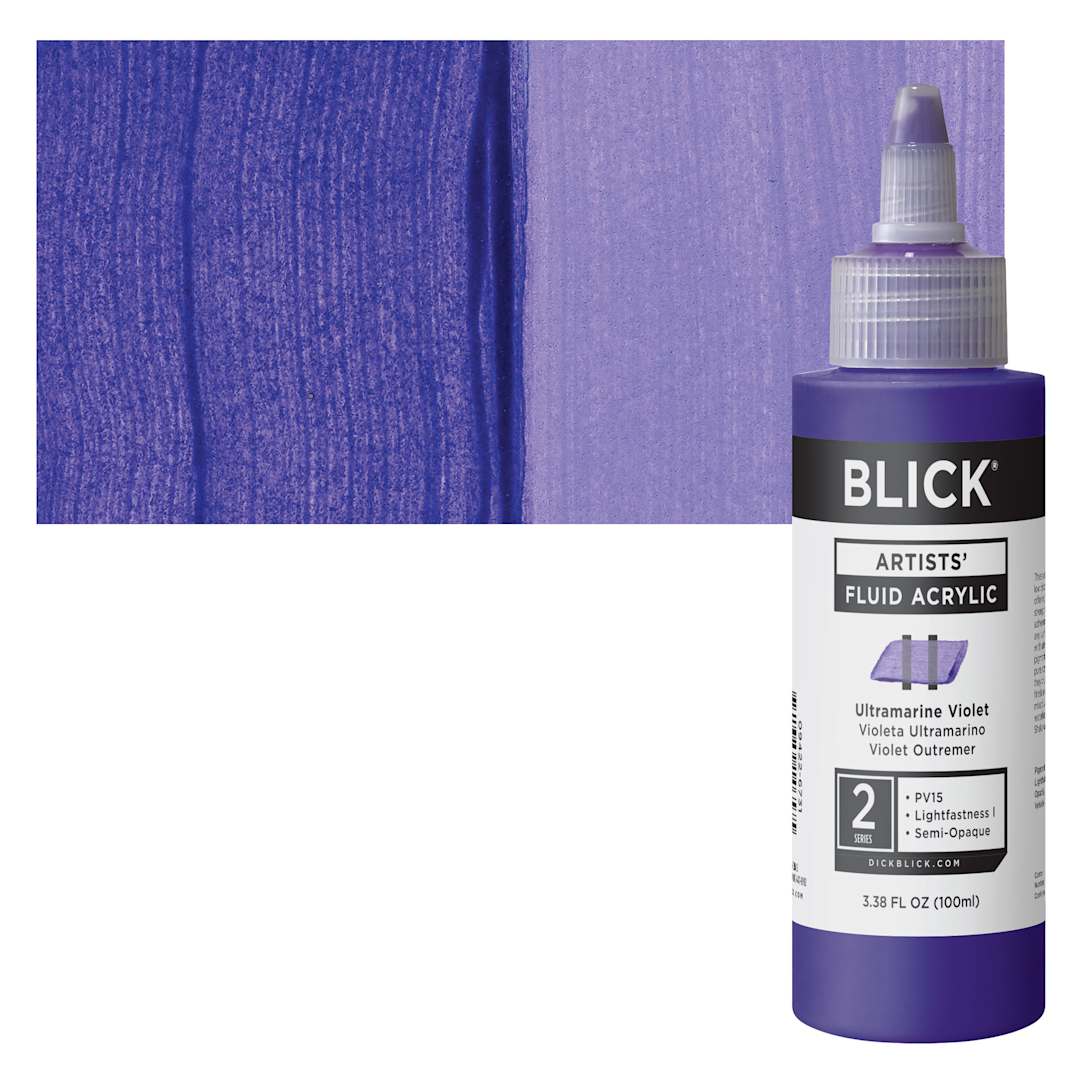 Open in modal - Blick Artists’ Fluid Acrylic - Ultramarine Violet, 100 ml bottle and swatch