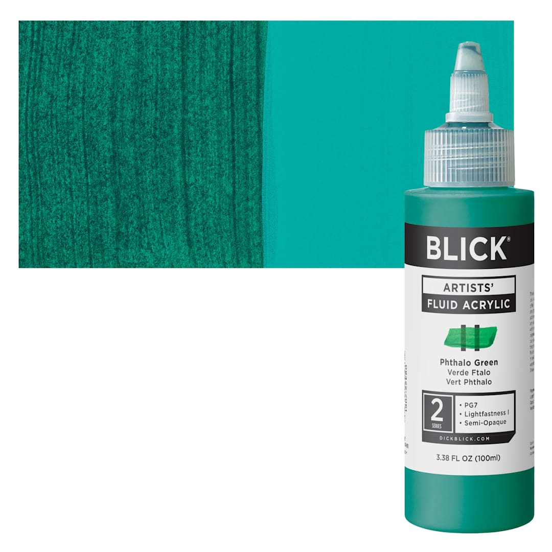 Open in modal - Blick Artists’ Fluid Acrylic - Phthalocyanine Green, 100 ml Bottle and Swatch