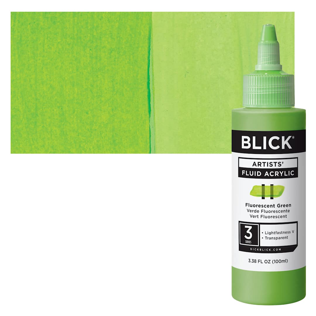 Open in modal - Blick Artists’ Fluid Acrylic - Fluorescent Green, 100 ml bottle and swatch