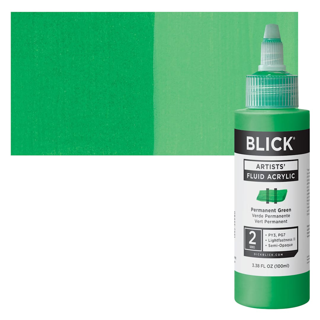 Open in modal - Blick Artists’ Fluid Acrylic - Permanent Green, 100 ml bottle and swatch