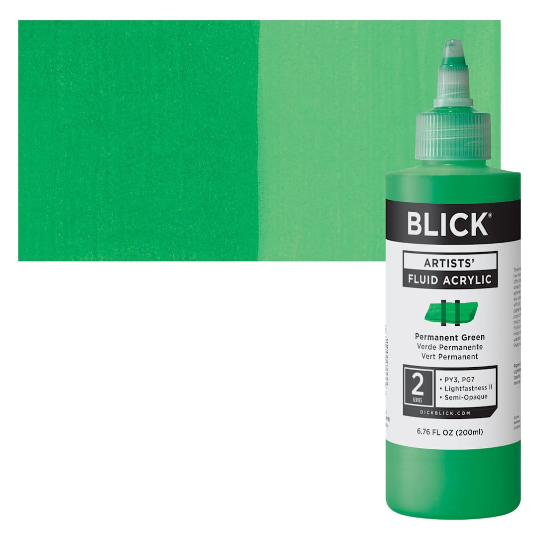Open in modal - Blick Artists’ Fluid Acrylic - Permanent Green, 200 ml bottle and swatch