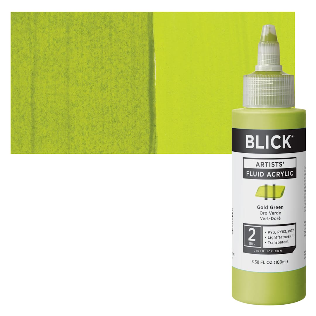 Open in modal - Blick Artists’ Fluid Acrylic - Gold Green, 100 ml bottle and swatch