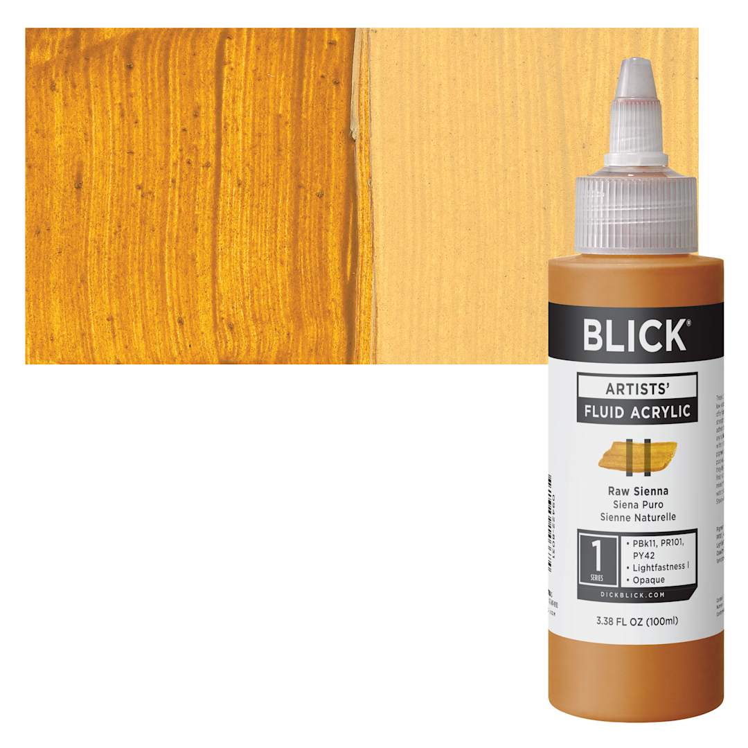 Open in modal - Blick Artists’ Fluid Acrylic - Raw Sienna, 100 ml, Bottle and Swatch