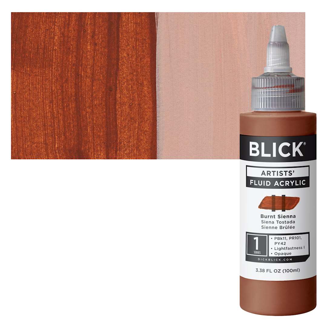 Open in modal - Blick Artists’ Fluid Acrylic - Burnt Sienna, 100 ml, Bottle and Swatch