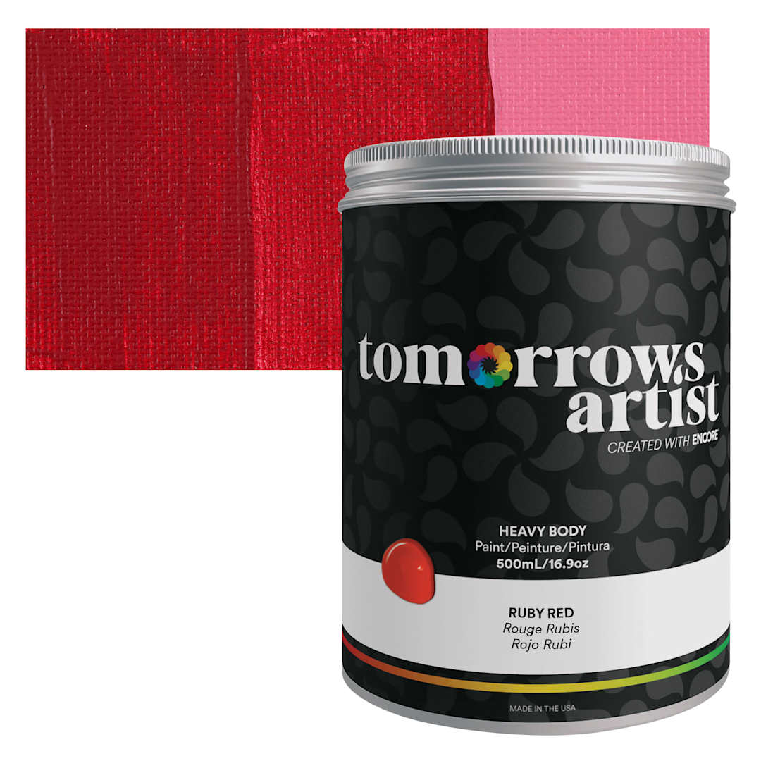Open in modal - Tomorrow's Artist Eco-Friendly Heavy Body Acrylic Paint - Ruby Red, 500 ml jar and swatch