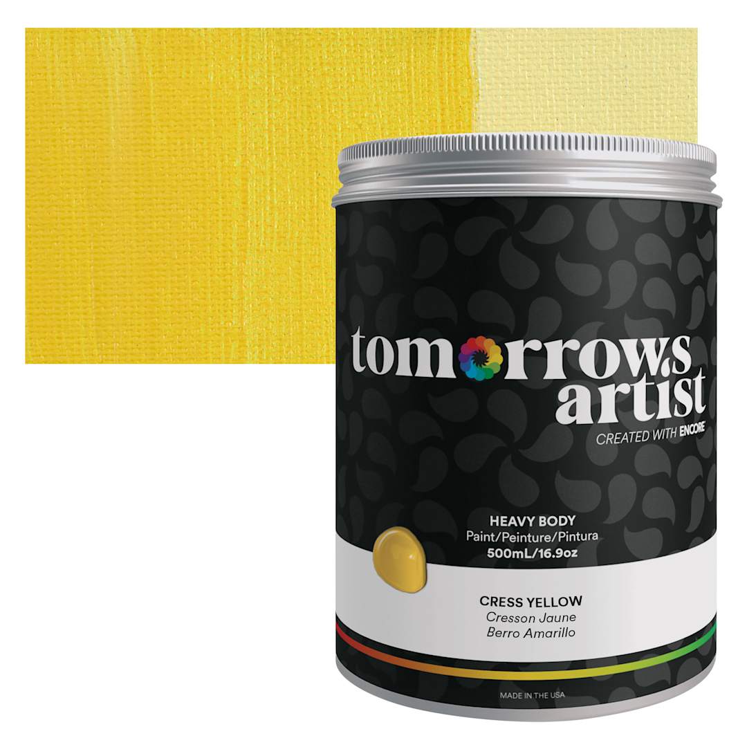 Open in modal - Tomorrow's Artist Eco-Friendly Heavy Body Acrylic Paint - Cress Yellow, 500 ml jar and swatch
