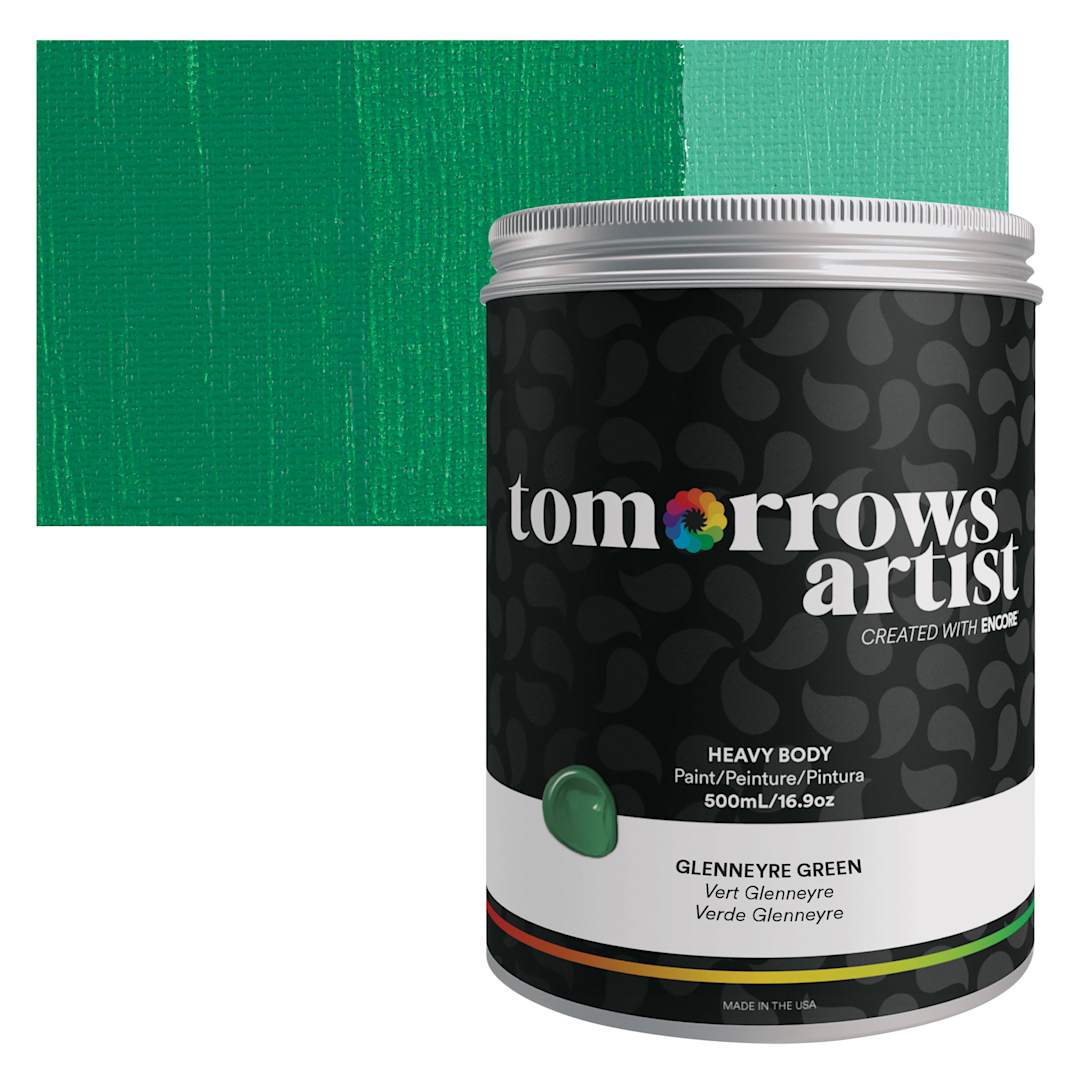 Open in modal - Tomorrow's Artist Eco-Friendly Heavy Body Acrylic Paint - Glennerye Green, 500 ml jar and swatch
