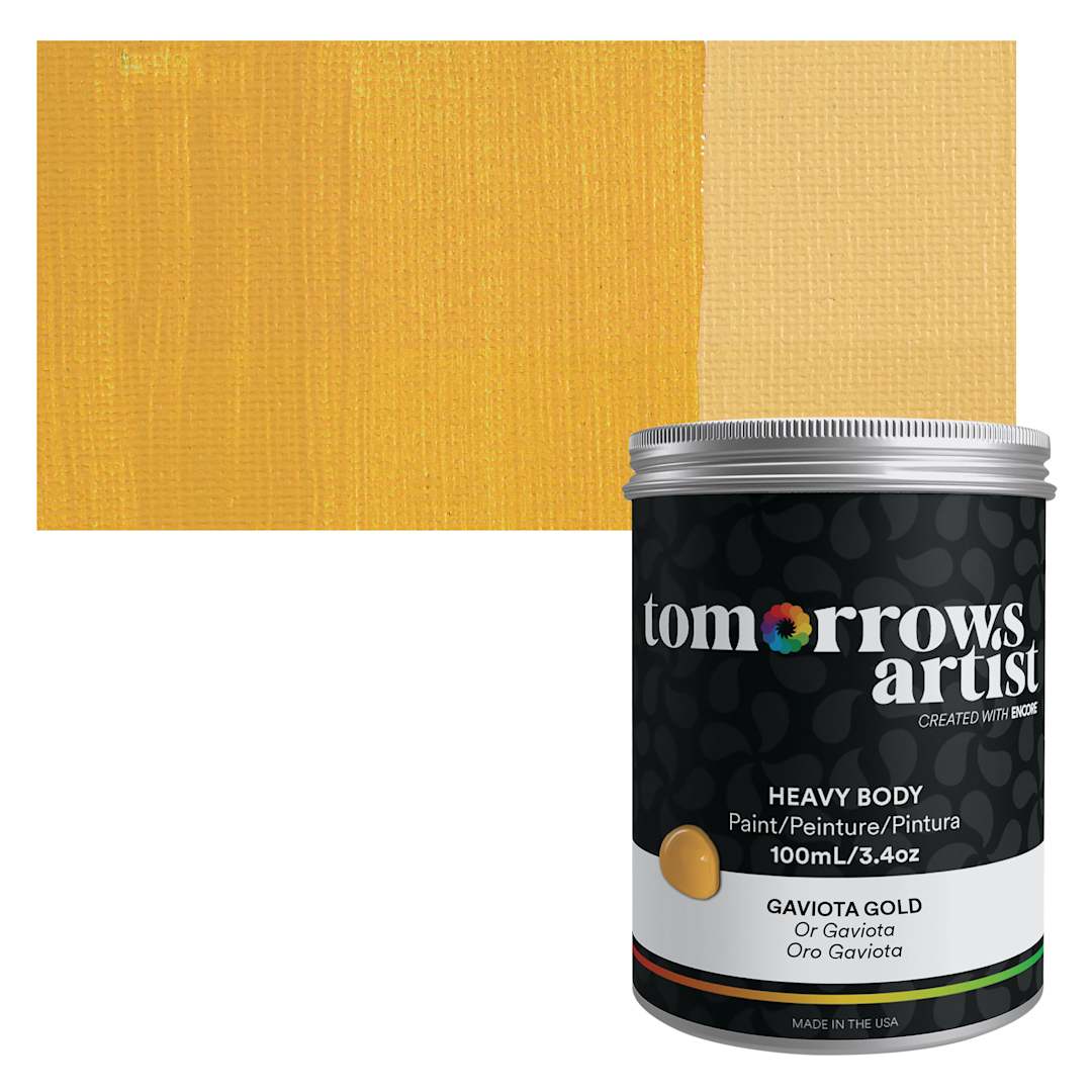 Open in modal - Tomorrow's Artist Eco-Friendly Heavy Body Acrylic Paint - Gaviota Gold, 100 ml jar and swatch