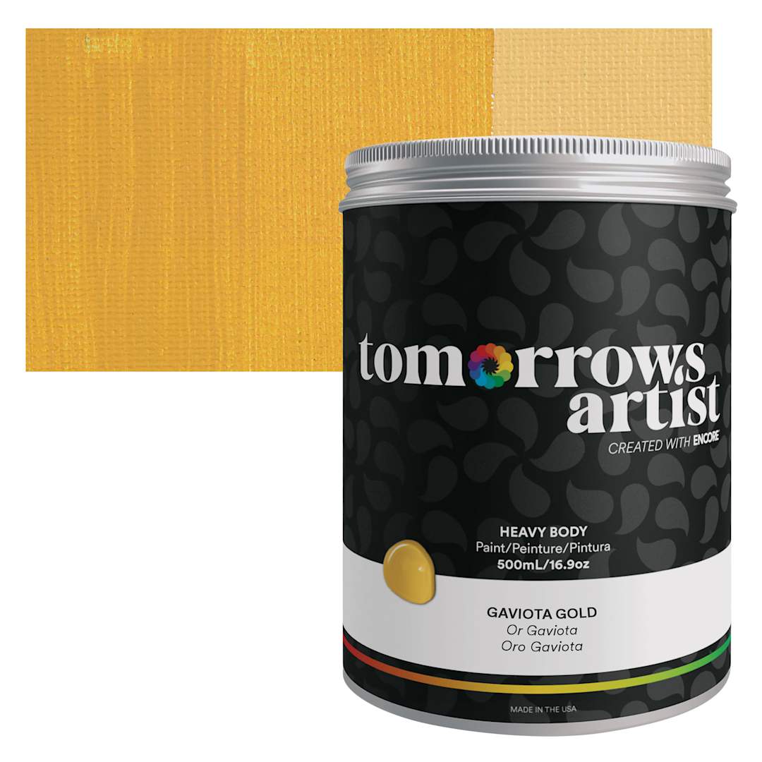 Open in modal - Tomorrow's Artist Eco-Friendly Heavy Body Acrylic Paint - Gaviota Gold, 500 ml jar and swatch