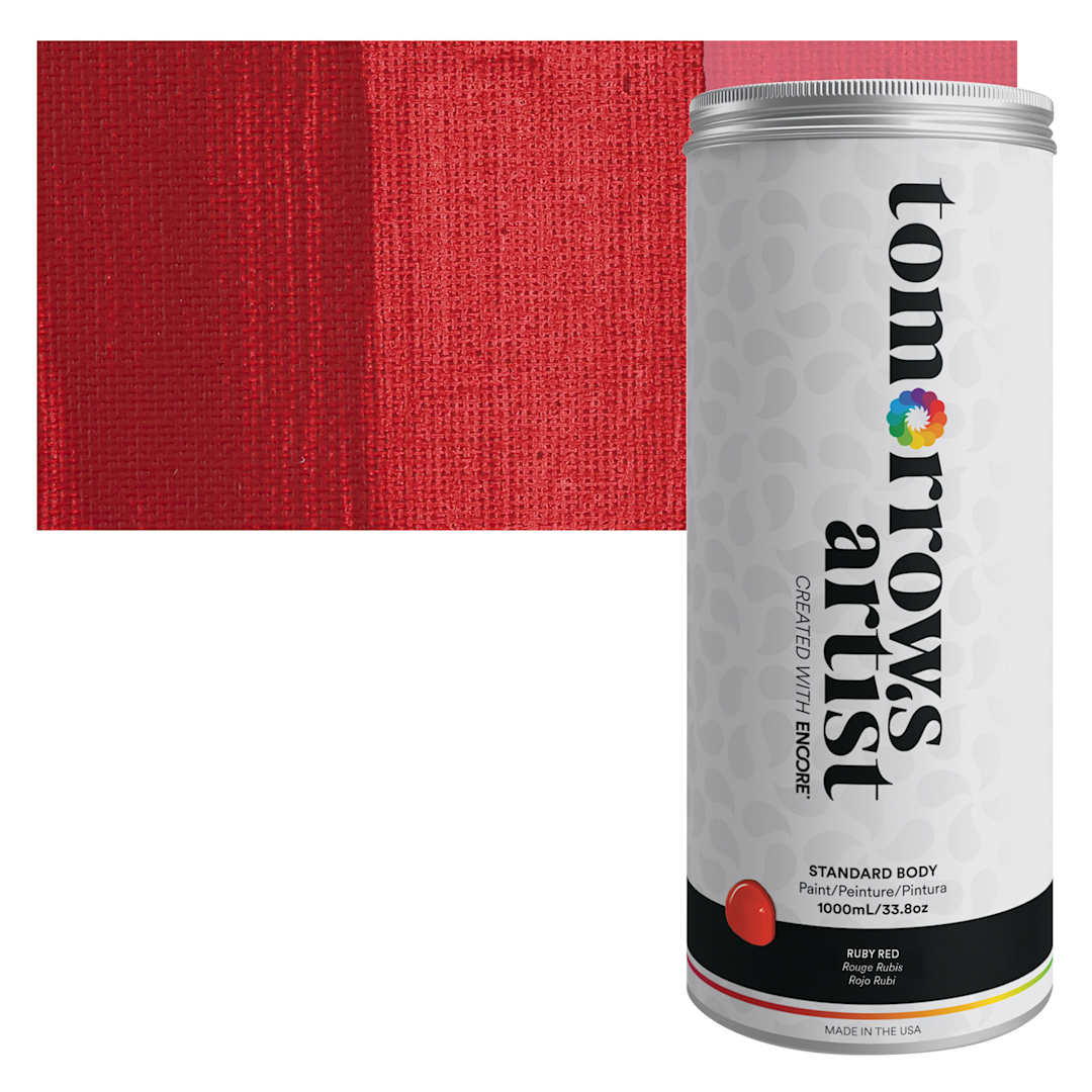 Open in modal - Tomorrow's Artist Eco-Friendly Standard Body Acrylic Paint - Ruby Red, 1L jar and swatch
