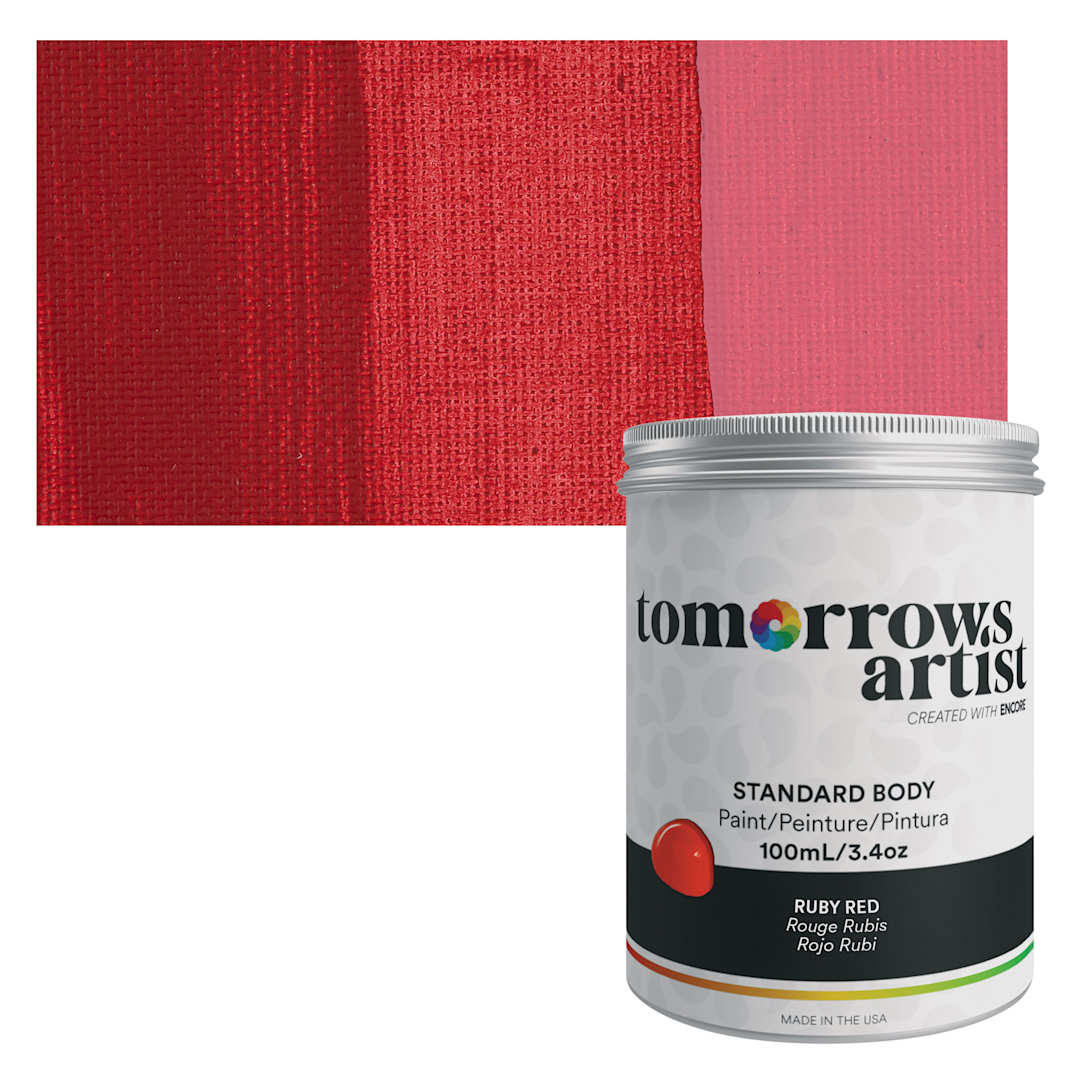 Open in modal - Tomorrow's Artist Eco-Friendly Standard Body Acrylic Paint - Ruby Red, 100 ml jar and swatch