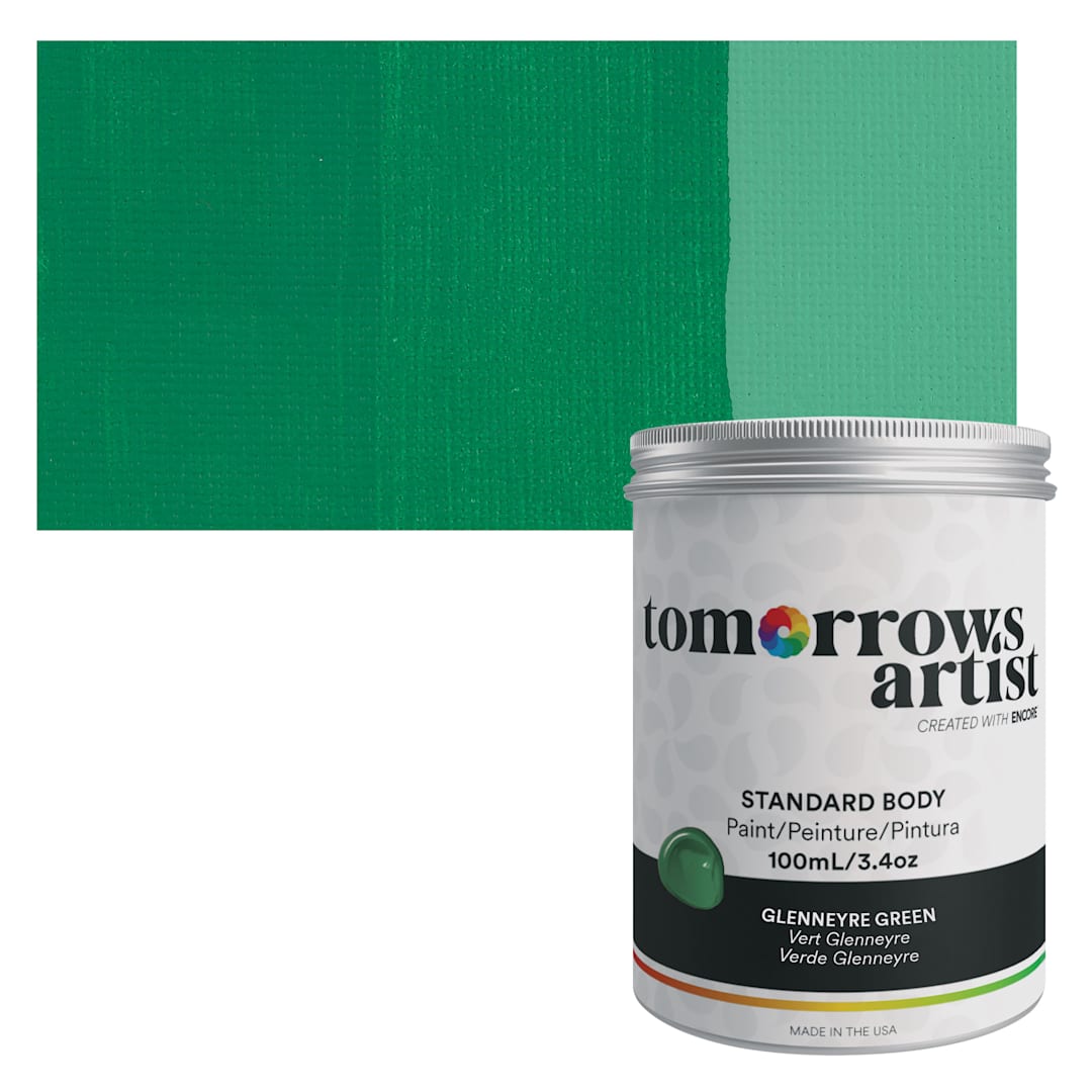 Open in modal - Tomorrow's Artist Eco-Friendly Standard Body Acrylic Paint - Glennerye Green, 100 ml jar and swatch