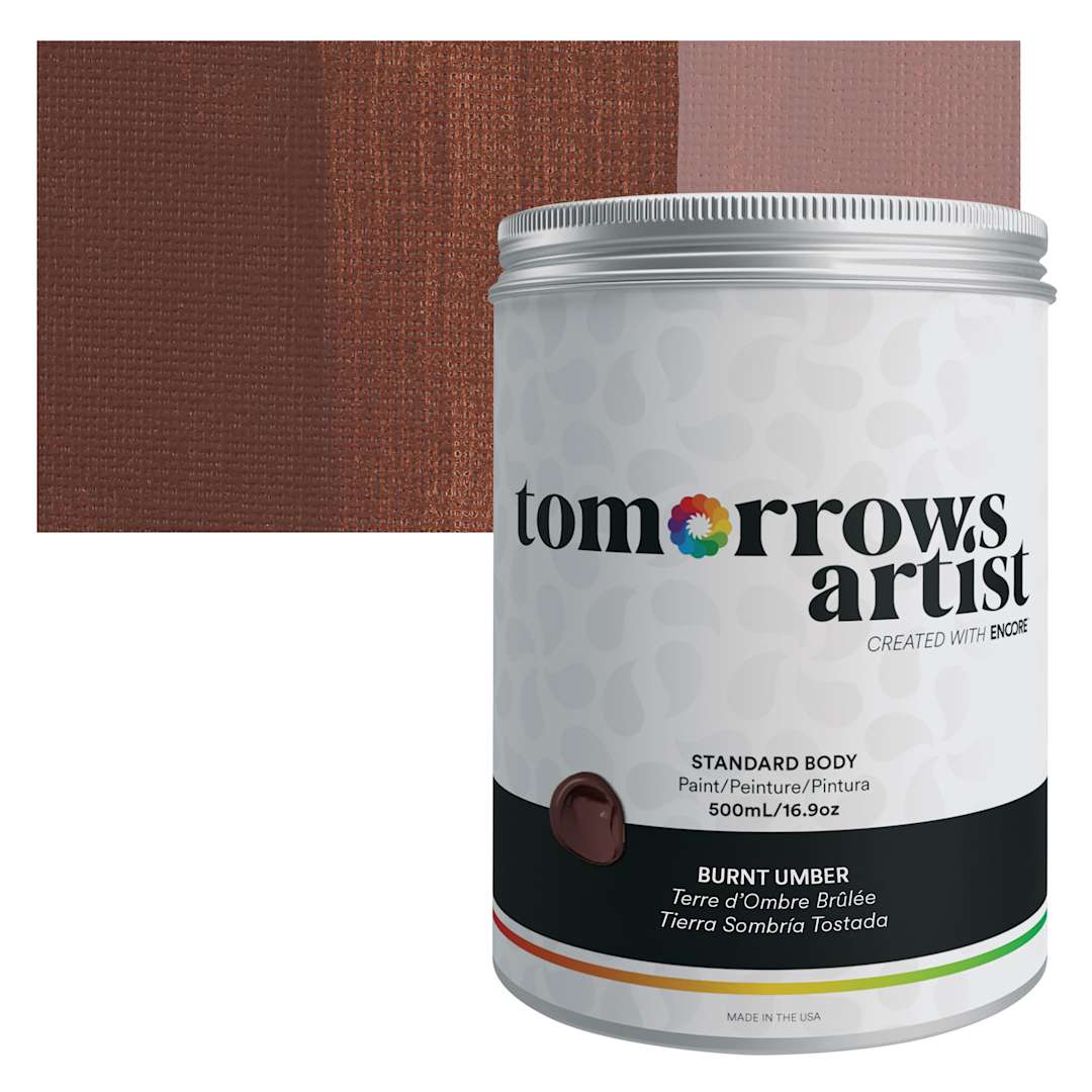 Open in modal - Tomorrow's Artist Eco-Friendly Standard Body Acrylic Paint - Burnt Umber, 500 ml jar and swatch