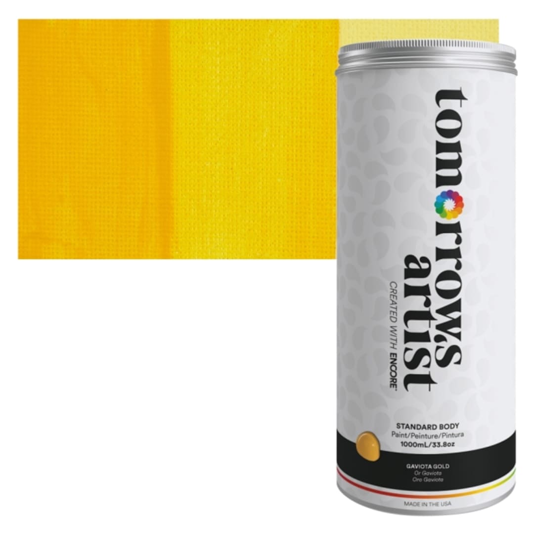 Open in modal - Tomorrow's Artist Eco-Friendly Standard Body Acrylic Paint - Gaviota Gold, 1L jar and swatch