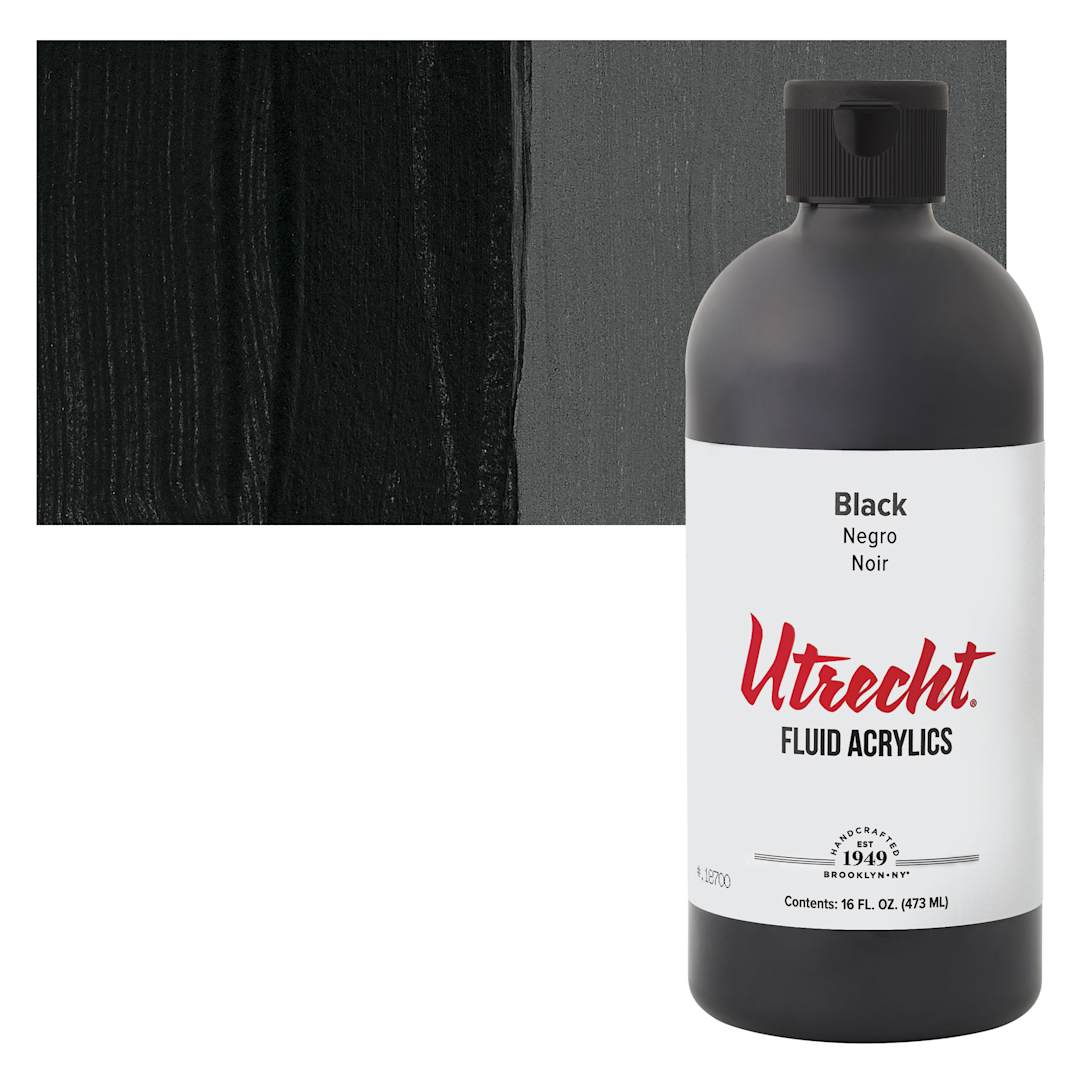Open in modal - Utrecht Fluid Acrylic - Intense Black, 16 oz bottle and swatch