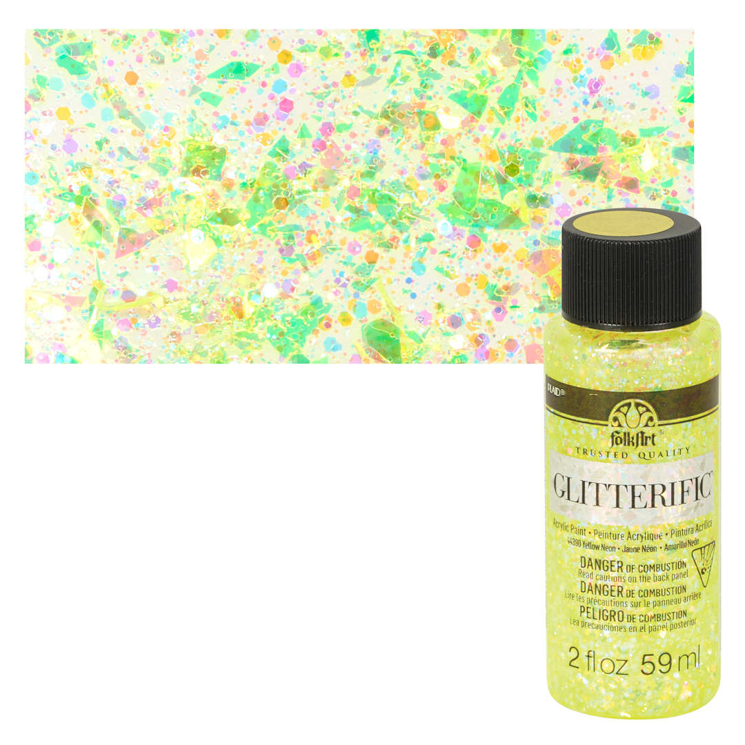 Open in modal - FolkArt Glitterific Acrylic Paint - Neon Yellow - Bottle and Swatch