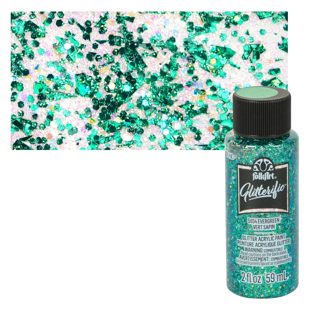 Open in modal - FolkArt Glitterific Acrylic Paint - Evergreen - Bottle and Swatch