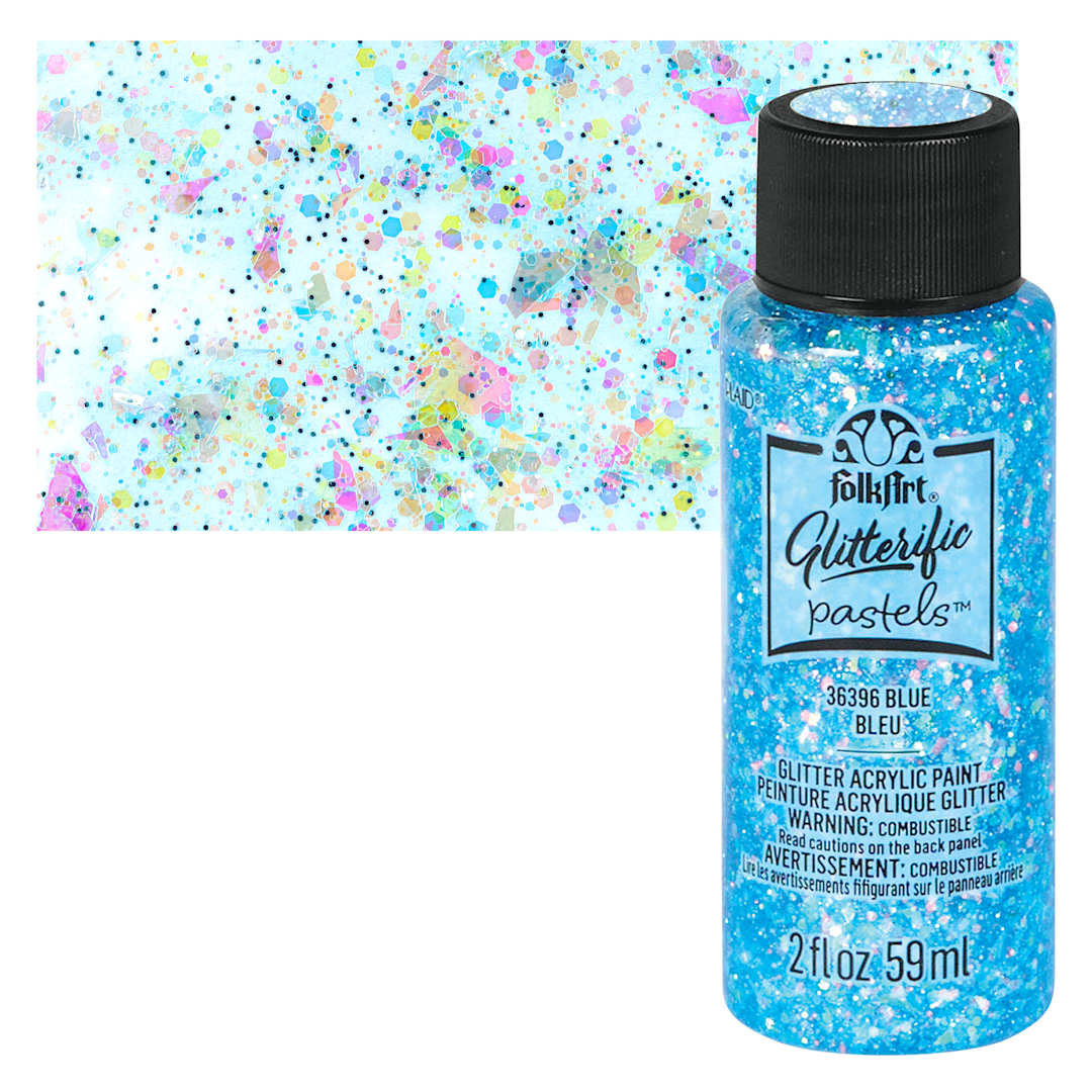 Open in modal - FolkArt Glitterific Pastel Paint - Pastel Blue, 2 oz, bottle with swatch