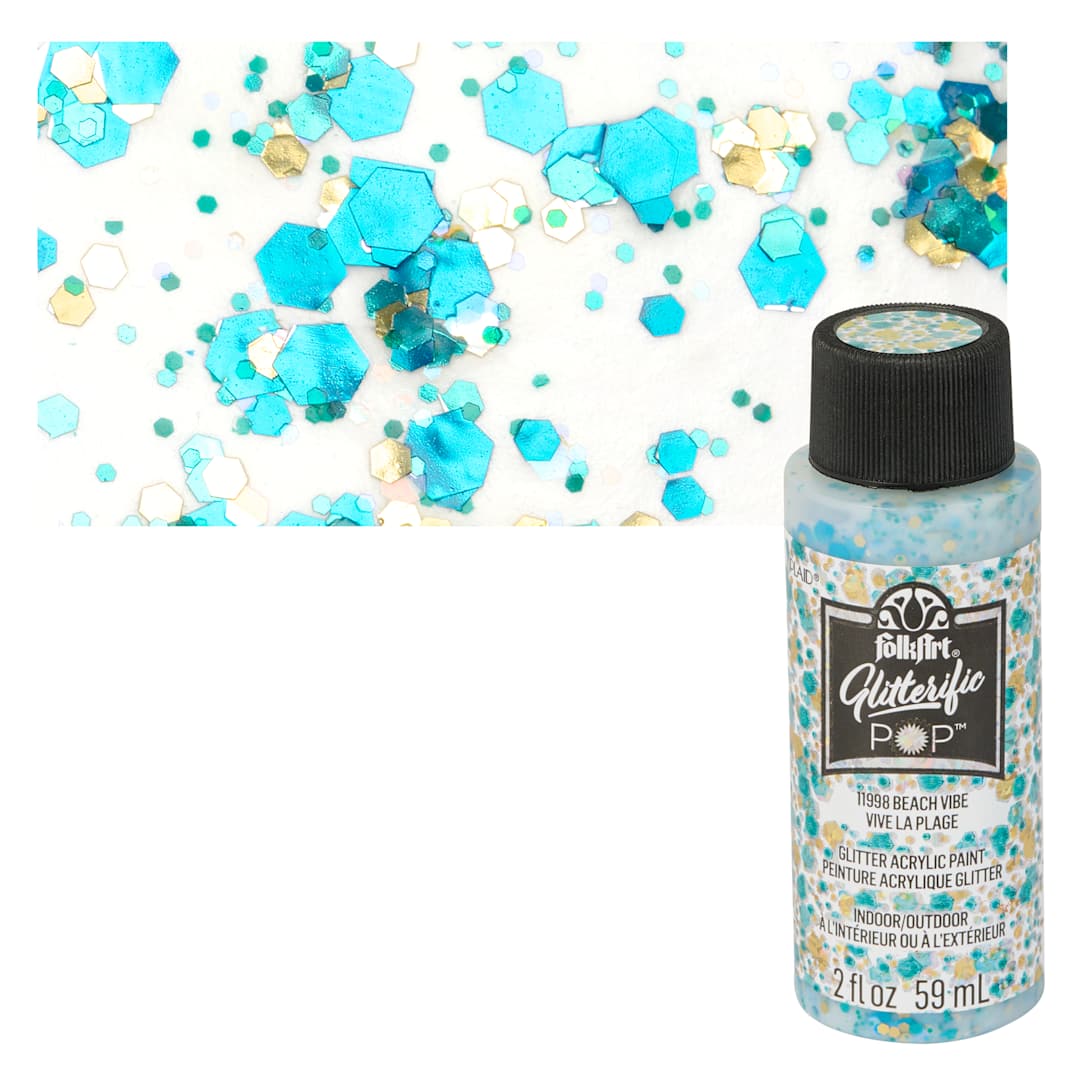 Open in modal - FolkArt Glitterific Pop Acrylic Paint - Beach Vibe - Bottle and Swatch