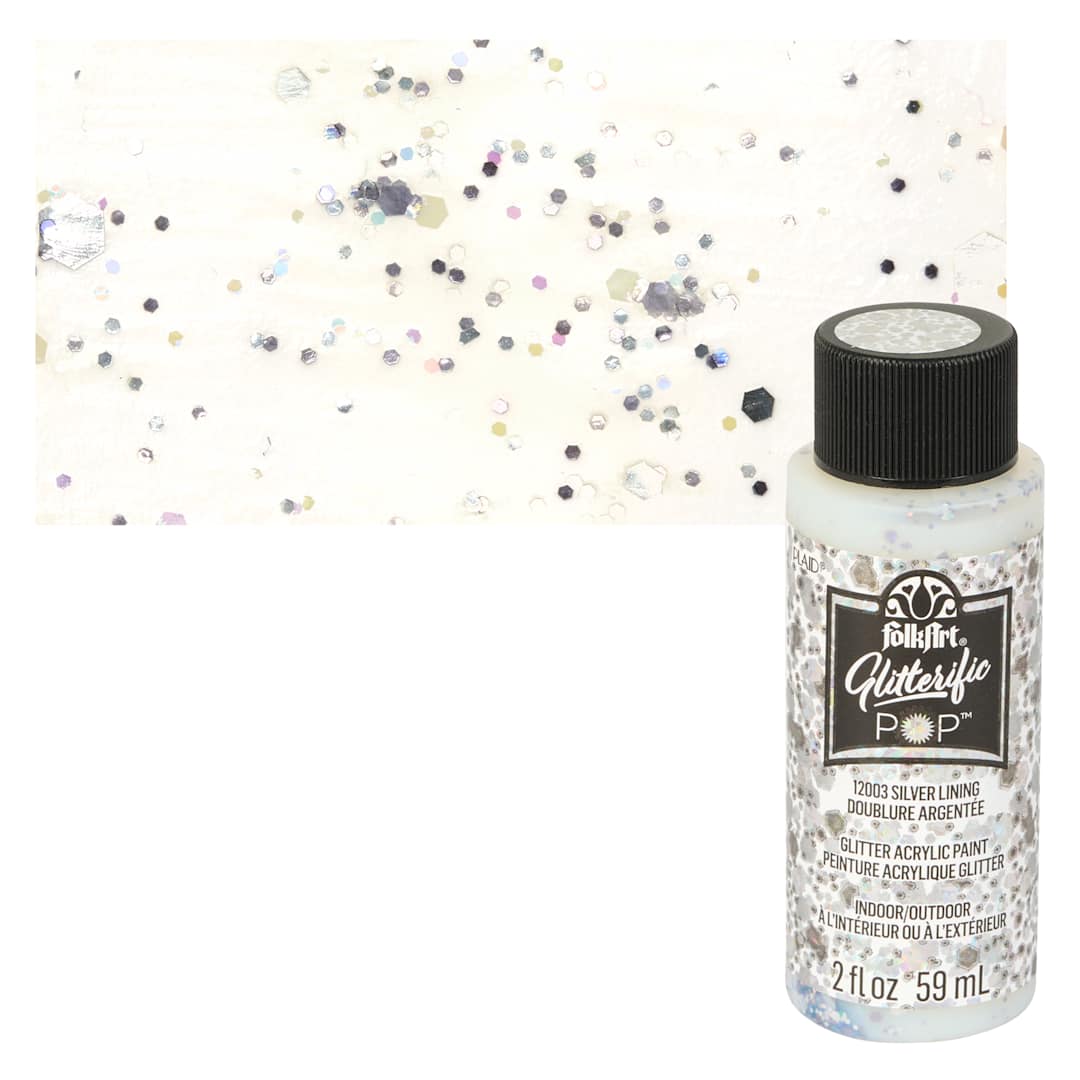 Open in modal - FolkArt Glitterific Pop Acrylic Paint - Silver Lining - Bottle and Swatch