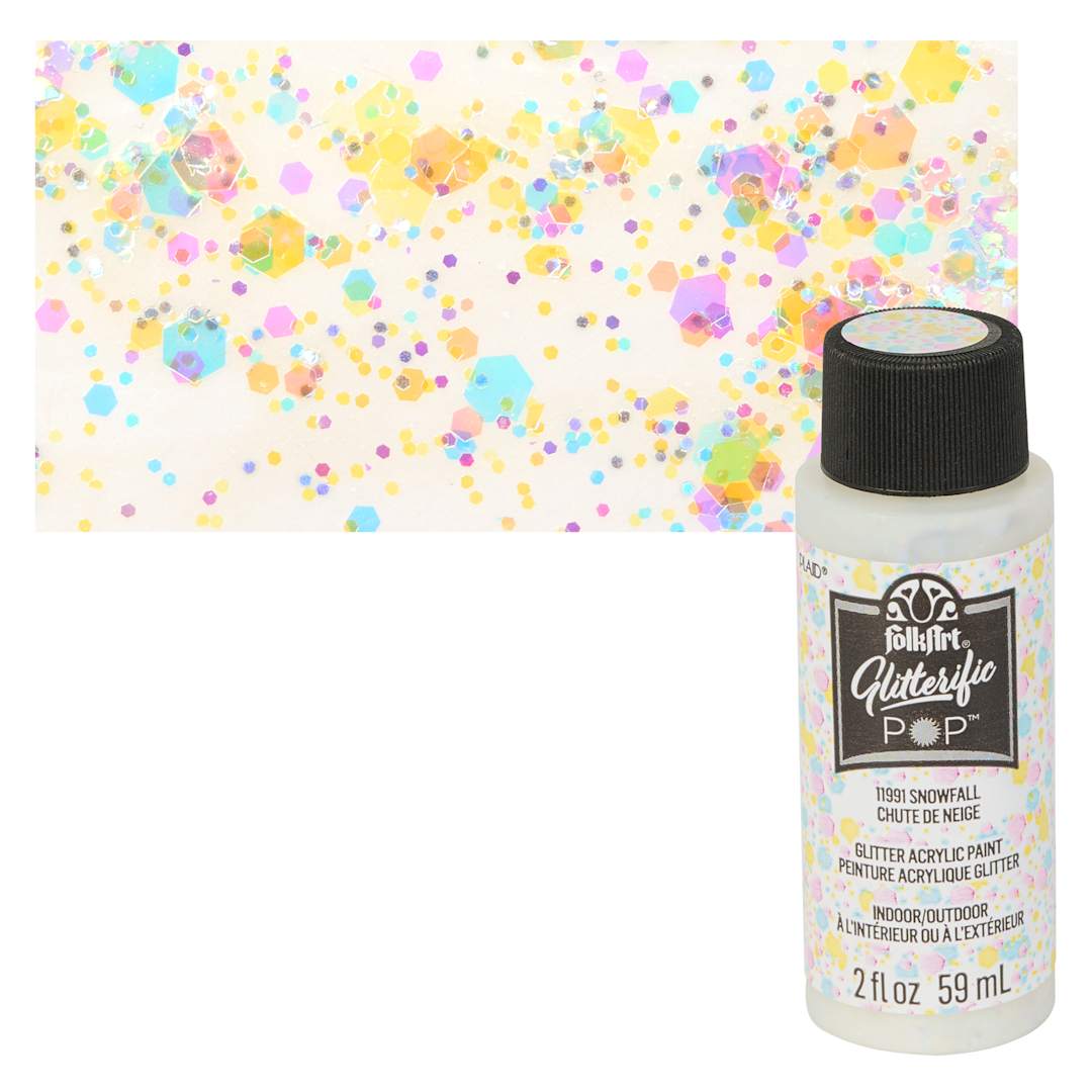 Open in modal - FolkArt Glitterific Pop Acrylic Paint - Snowfall - Bottle and Swatch