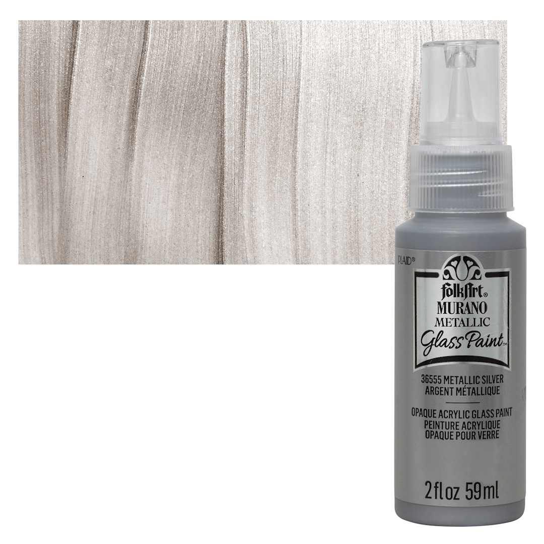 Open in modal - FolkArt Murano Glass Paint - Metallic Silver, 2 oz bottle and swatch
