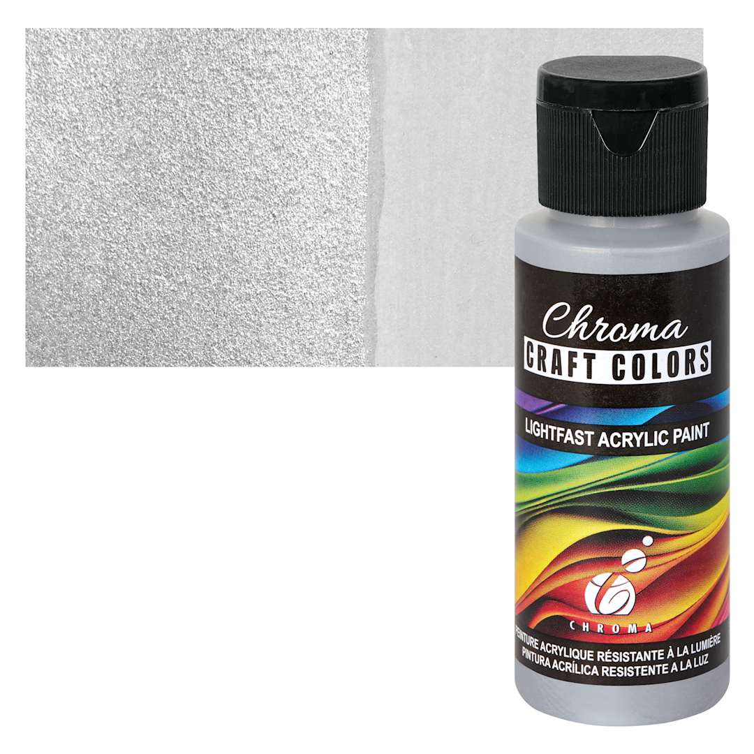 Open in modal - Chroma Craft Colors Acrylic Paint - Metallic Silver Moon Dust, swatch and bottle