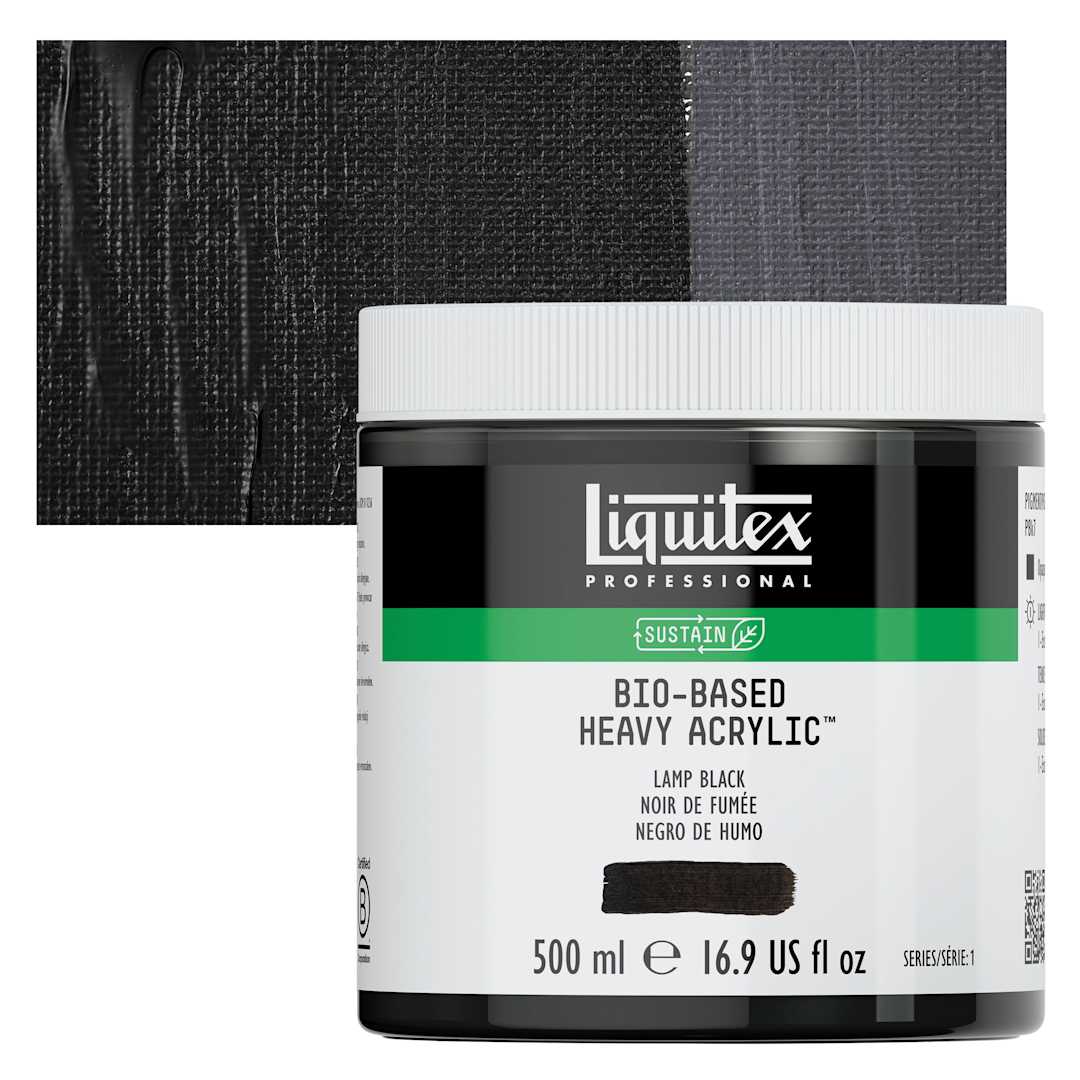 Open in modal - Liquitex Bio-Based Heavy Acrylic Paint - Lamp Black, 500 ml jar and swatch