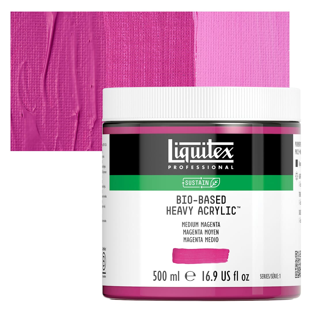 Open in modal - Liquitex Bio-Based Heavy Acrylic Paint - Medium Magenta, 500 ml jar and swatch