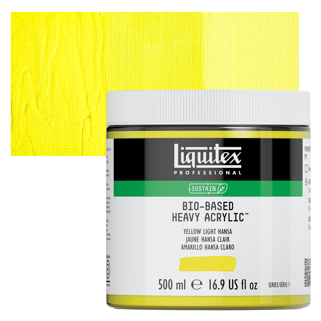 Open in modal - Liquitex Bio-Based Heavy Acrylic Paint - Yellow Light Hansa, 500 ml jar and swatch