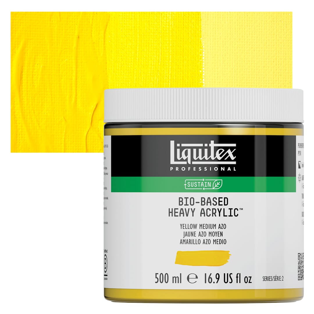 Open in modal - Liquitex Bio-Based Heavy Acrylic Paint - Yellow Medium Azo, 500 ml jar and swatch
