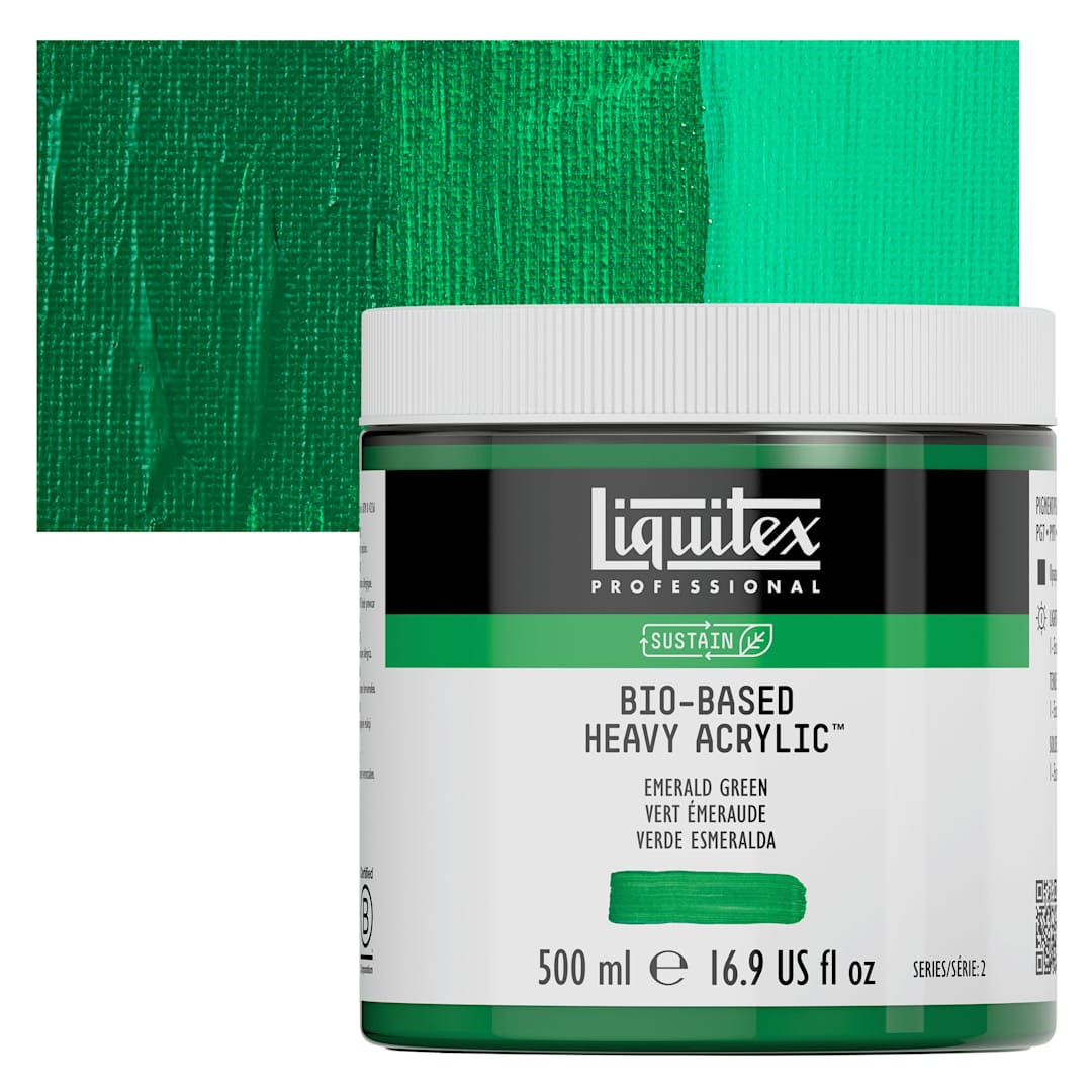 Open in modal - Liquitex Bio-Based Heavy Acrylic Paint - Emerald Green, 500 ml jar and swatch