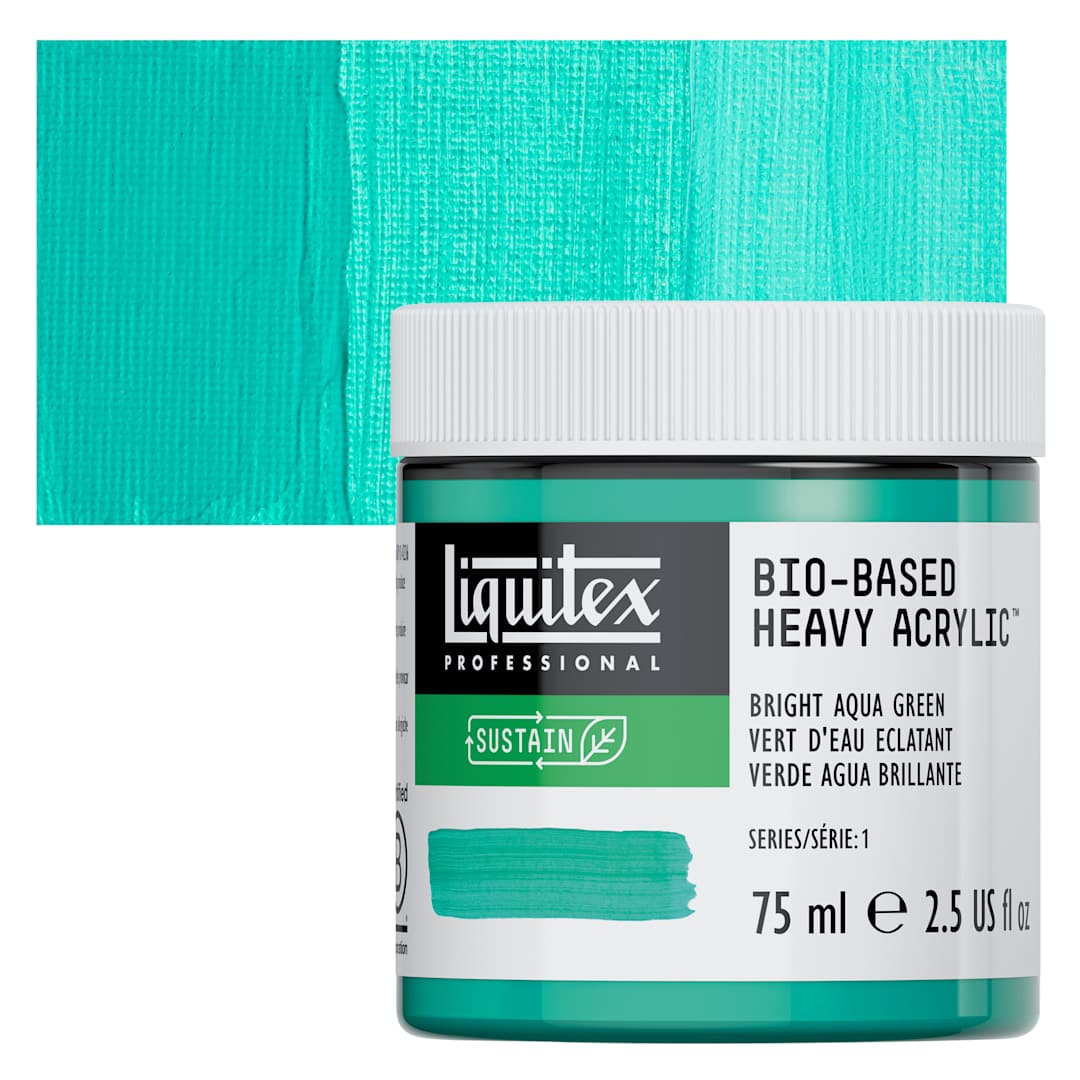 Open in modal - Liquitex Bio-Based Heavy Acrylic Paint - Bright Aqua Green, 75 ml jar and swatch