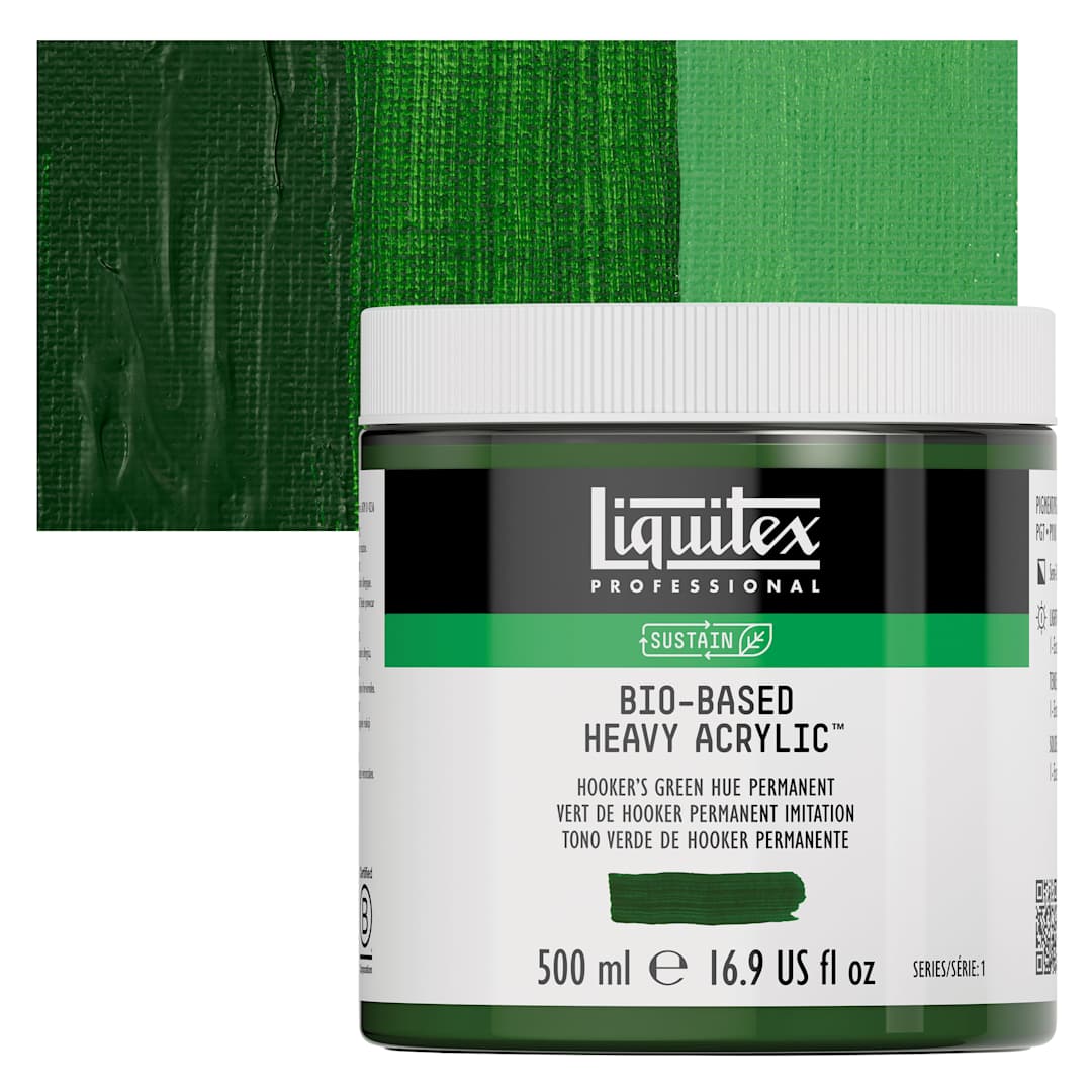 Open in modal - Liquitex Bio-Based Heavy Acrylic Paint - Hooker's Green Hue Permanent, 500 ml jar and swatch