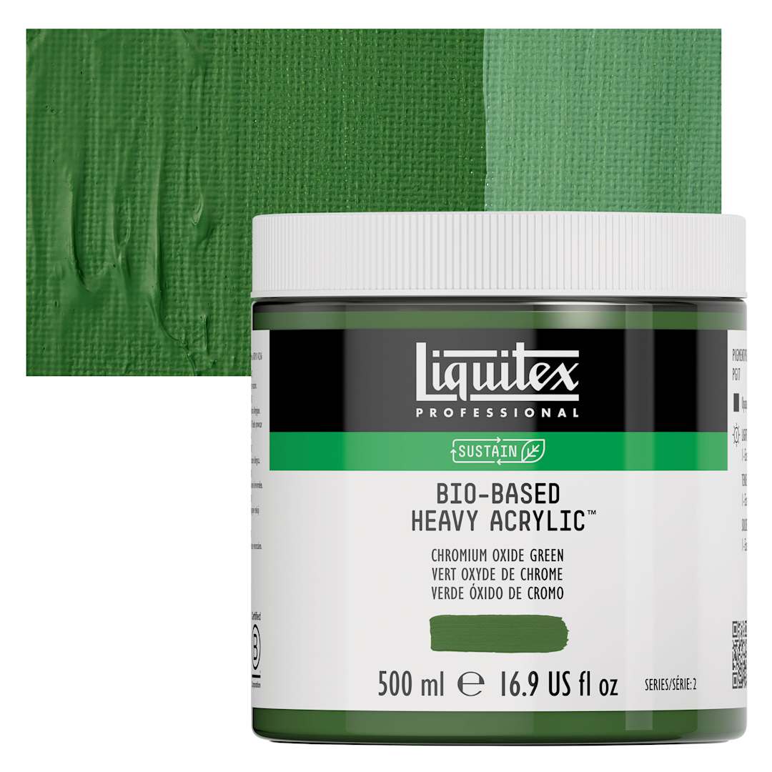 Open in modal - Liquitex Bio-Based Heavy Acrylic Paint - Chromium Oxide Green, 500 ml jar and swatch
