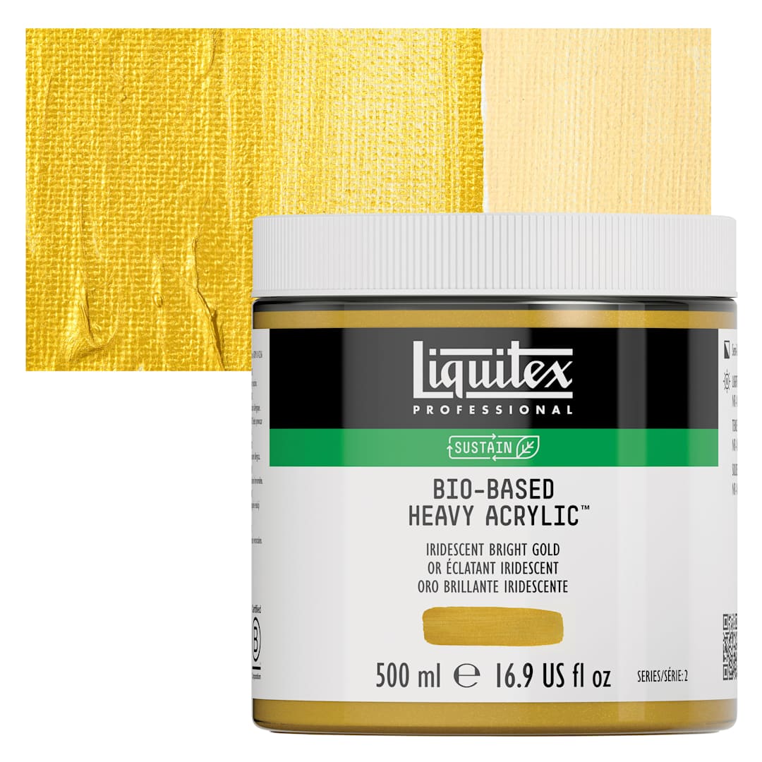 Open in modal - Liquitex Bio-Based Heavy Acrylic Paint - Iridescent Bright Gold, 500 ml jar and swatch