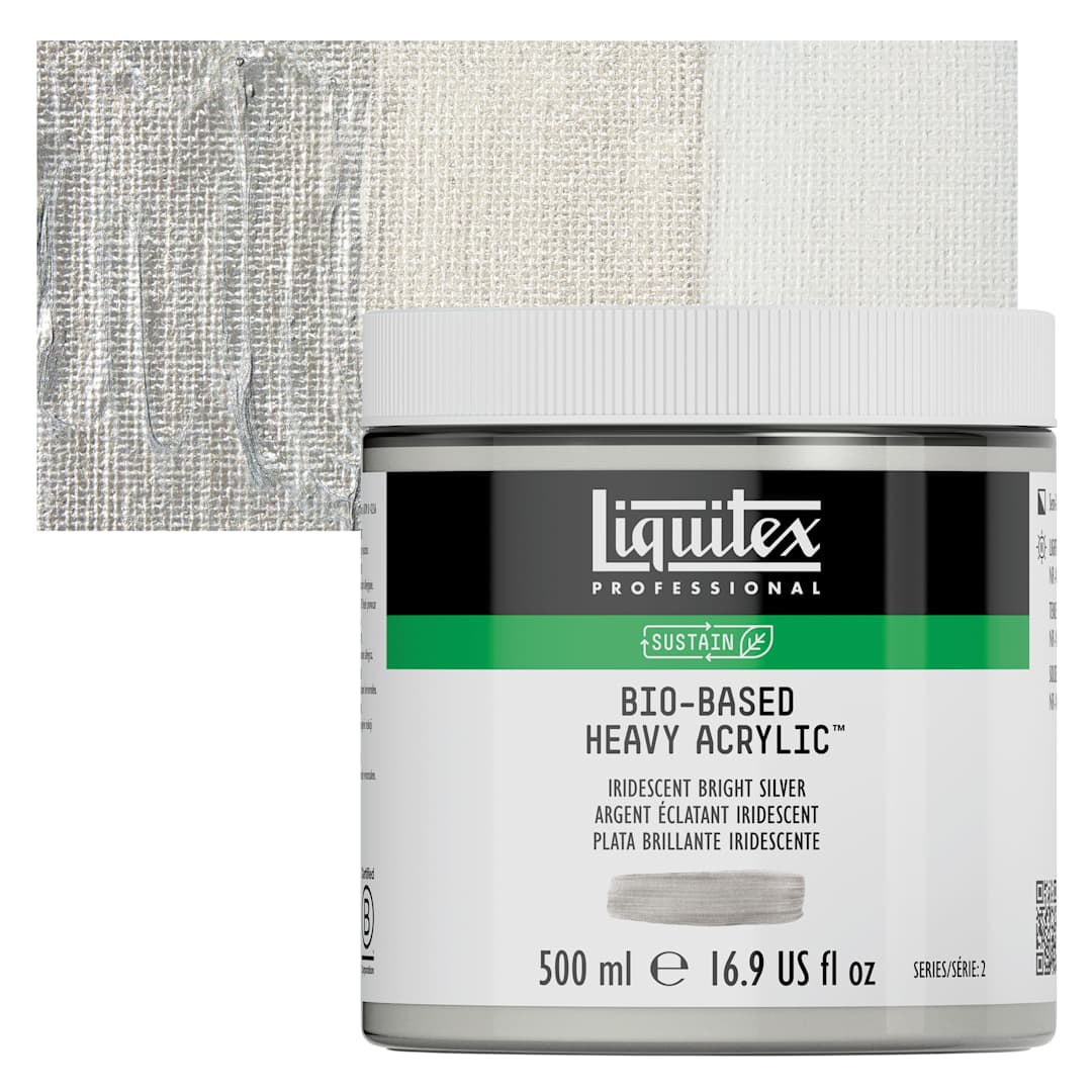 Open in modal - Liquitex Bio-Based Heavy Acrylic Paint - Iridescent Bright Silver, 500 ml jar and swatch