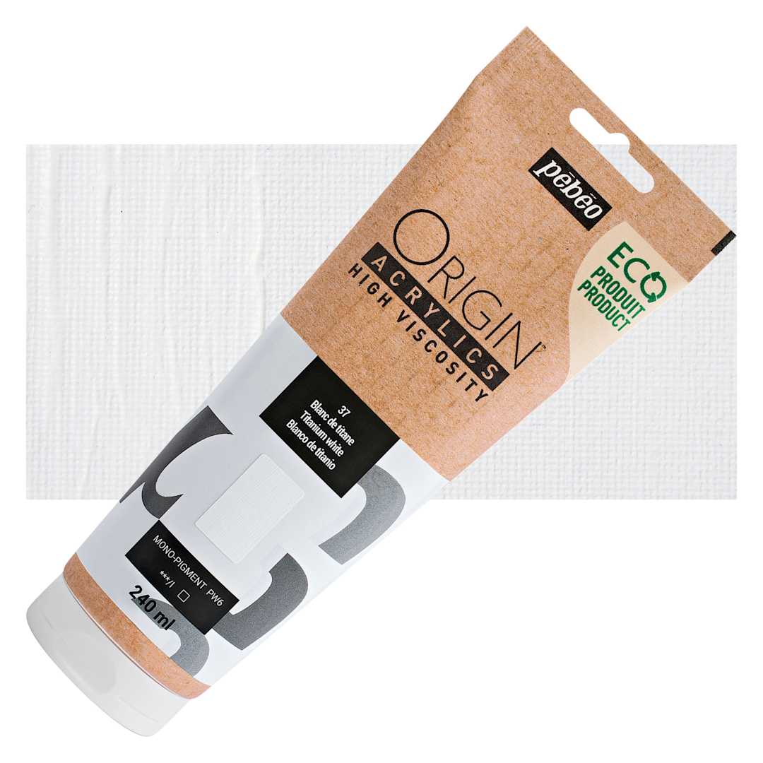 Open in modal - Pebeo Origin Acrylic Paint - Titanium White, 240 ml tube and swatch