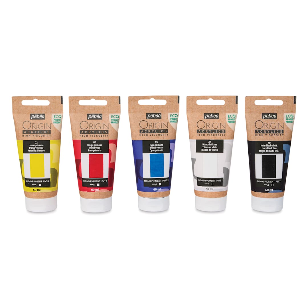 Open in modal - Pebeo Origin Acrylic Paint - Set of 5, Primary, 60 ml, out of packaging
