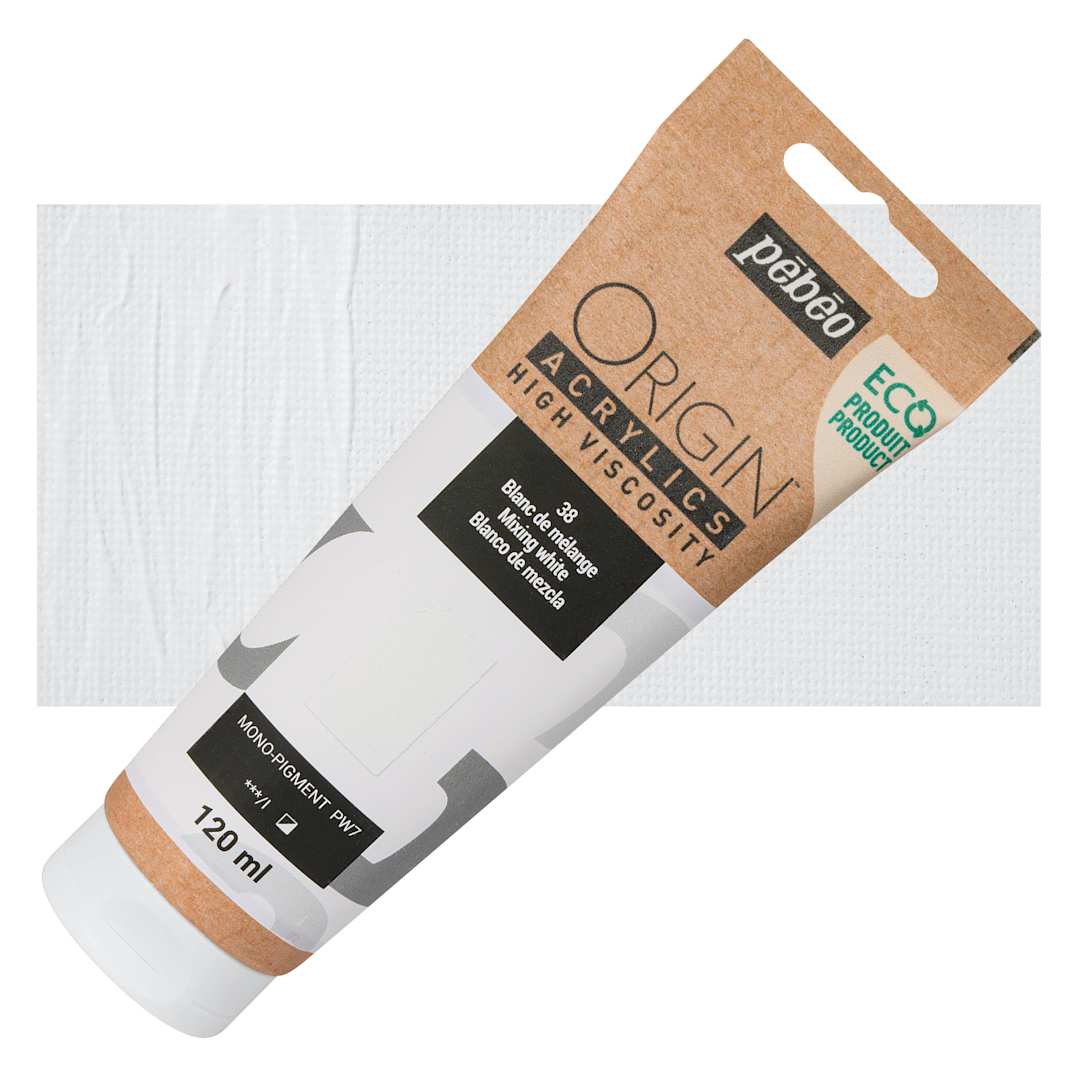 Open in modal - Pebeo Origin Acrylic Paint - Mixing White, 120 ml tube and swatch