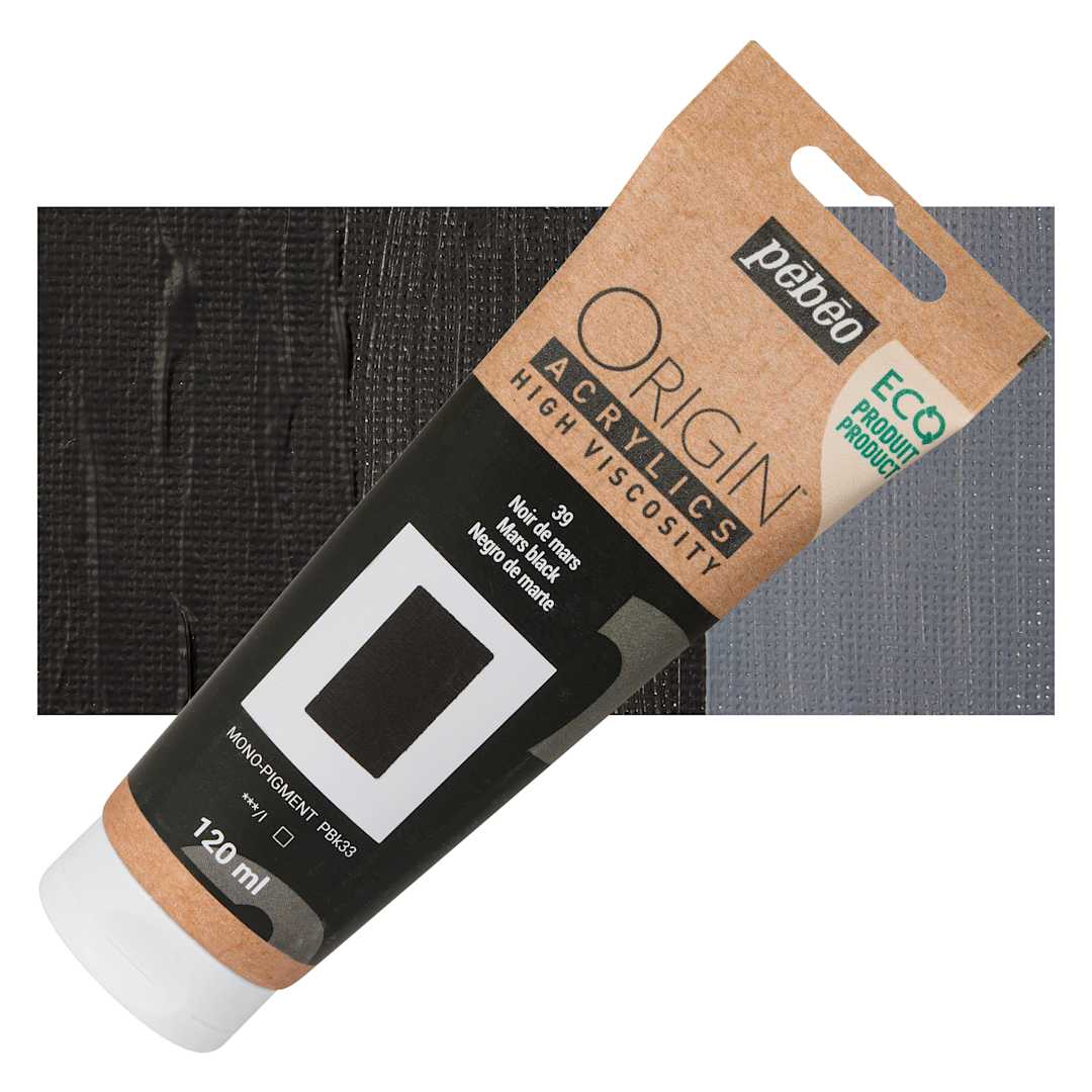 Open in modal - Pebeo Origin Acrylic Paint - Mars Black, 120 ml tube and swatch