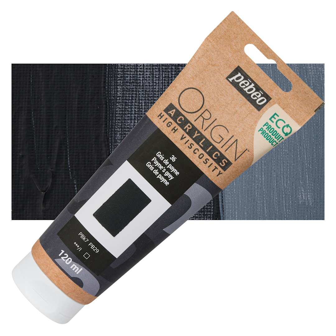 Open in modal - Pebeo Origin Acrylic Paint - Payne's Grey, 120 ml tube and swatch