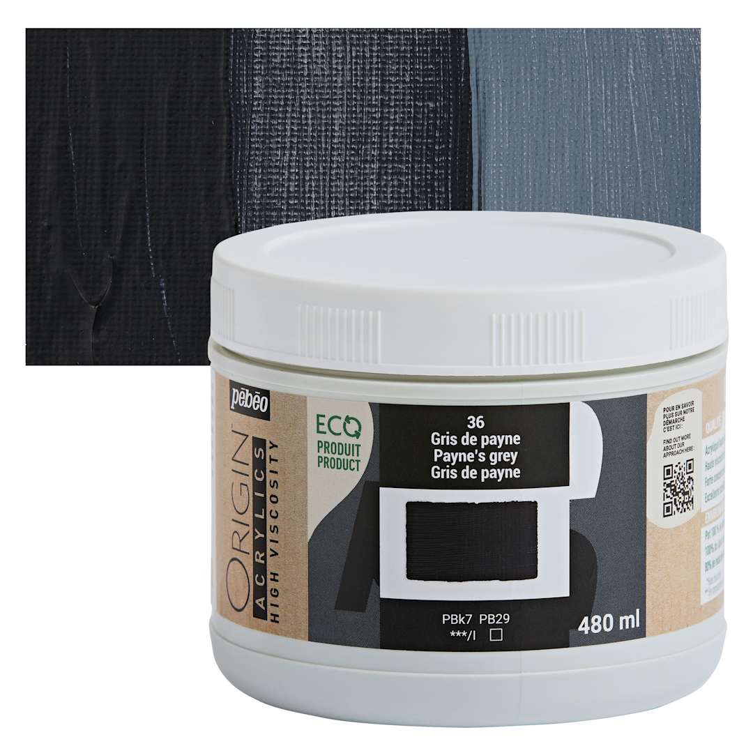 Open in modal - Pebeo Origin Acrylic Paint - Payne's Grey, 480 ml jar and swatch