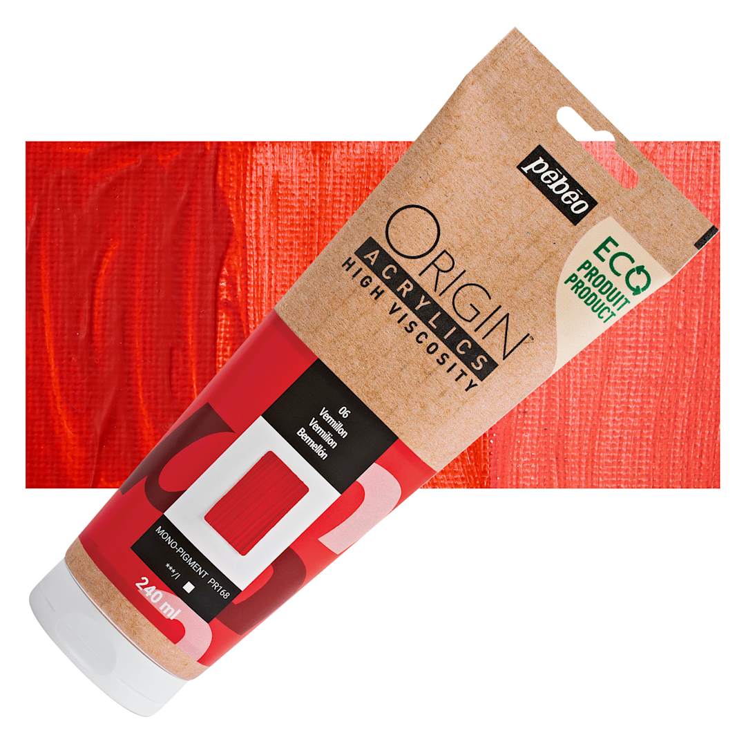 Open in modal - Pebeo Origin Acrylic Paint - Vermilion, 240 ml tube and swatch